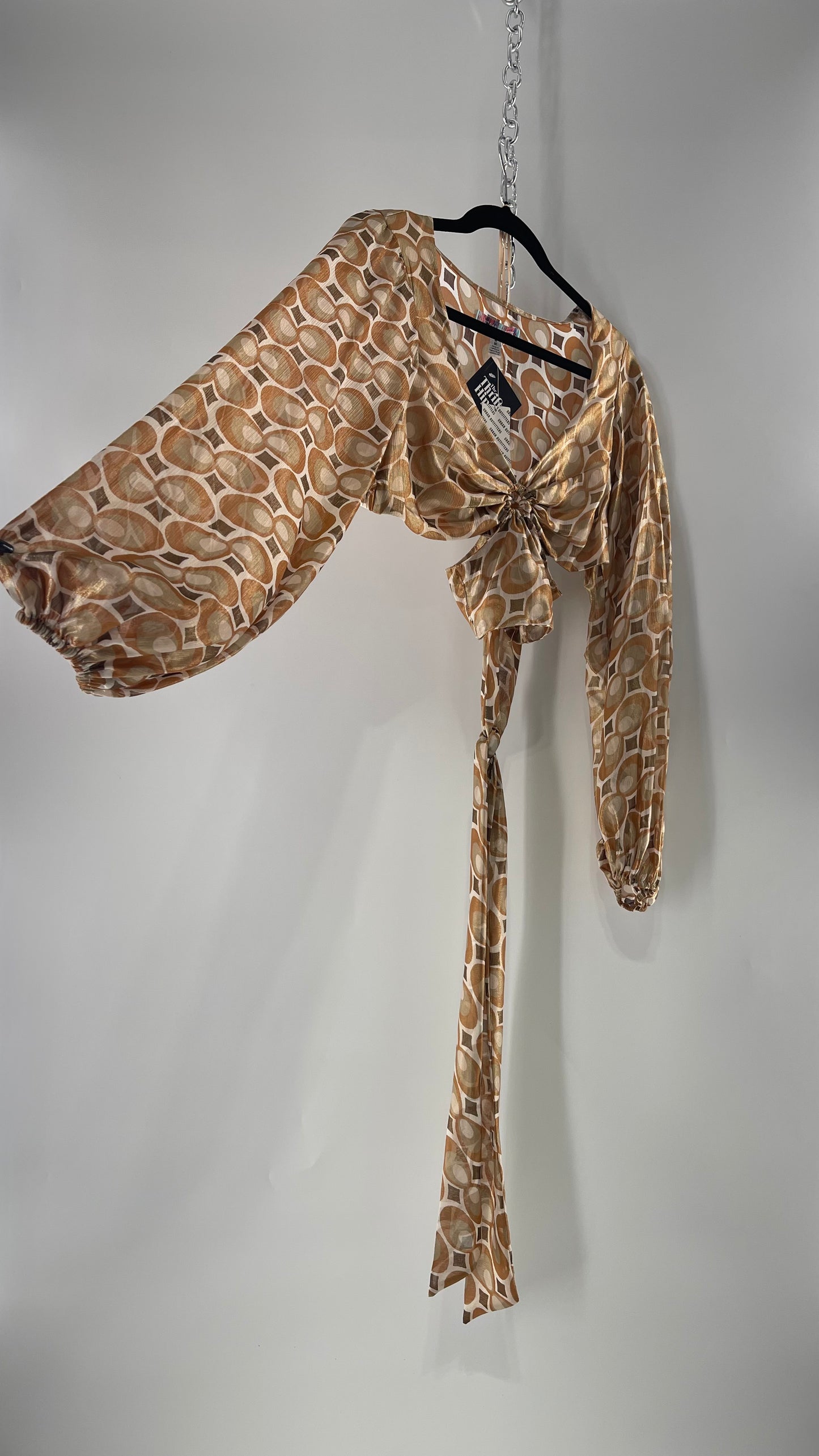 Urban Outfitters Shimmer Top Balloon Sleeve Gold Retro Print Cut Out Tie Around Blouse (Medium)