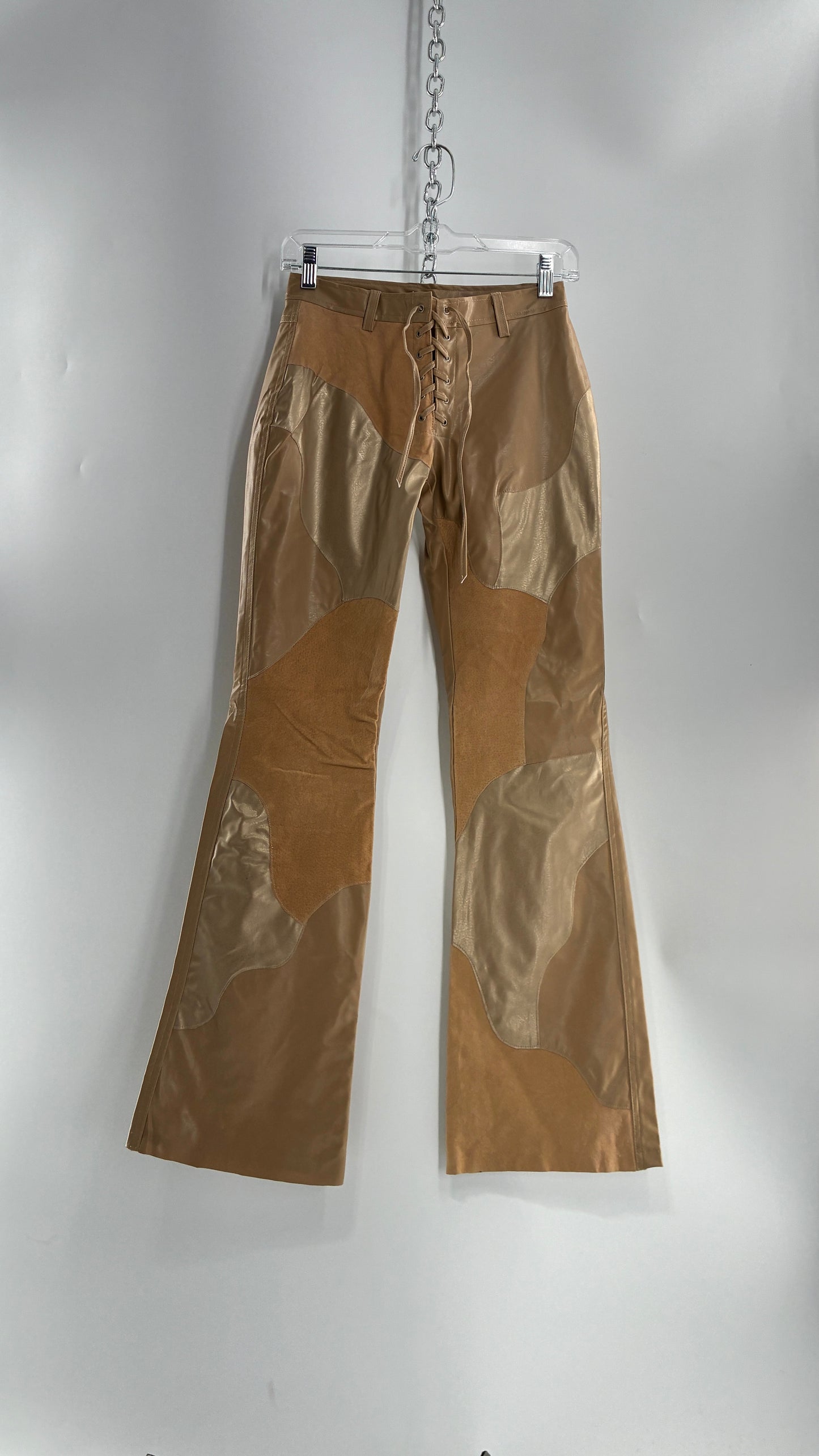 Vintage OUTER EDGE Patchwork Vegan Leather Kickflares with Tie Up Waistline (3)