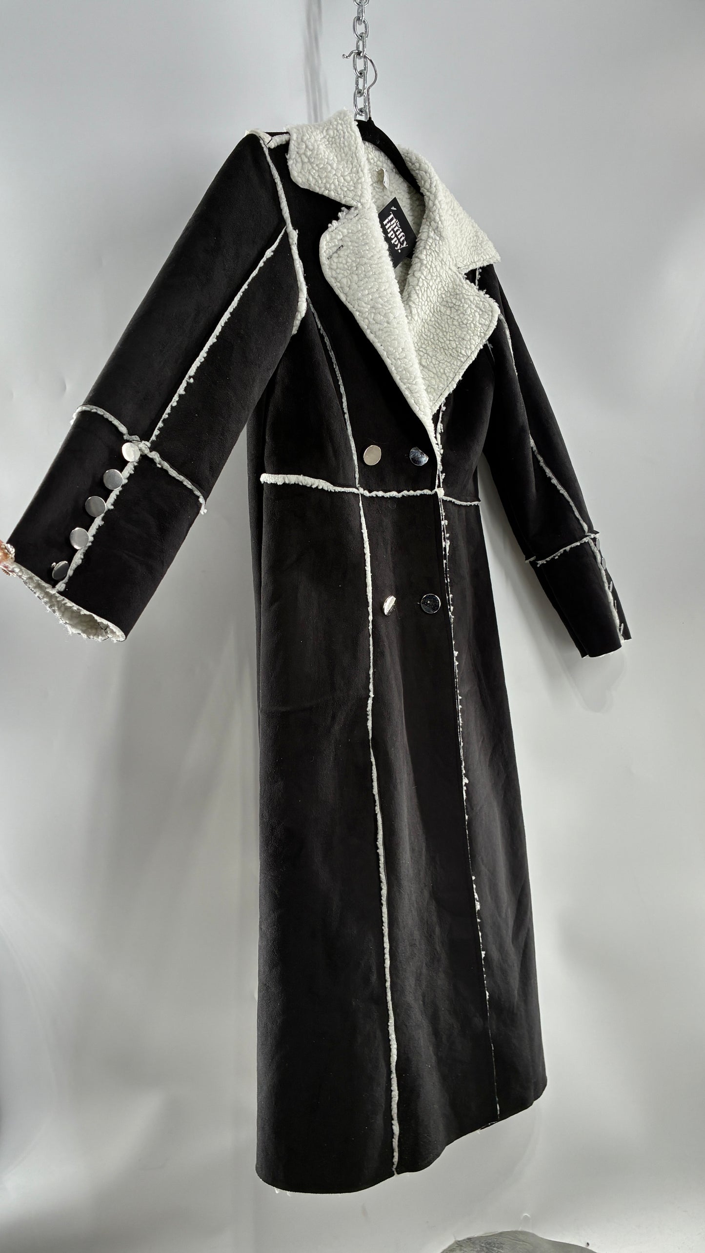 Vintage Black Vegan Suede Coat with Sherpa Lining (Medium)