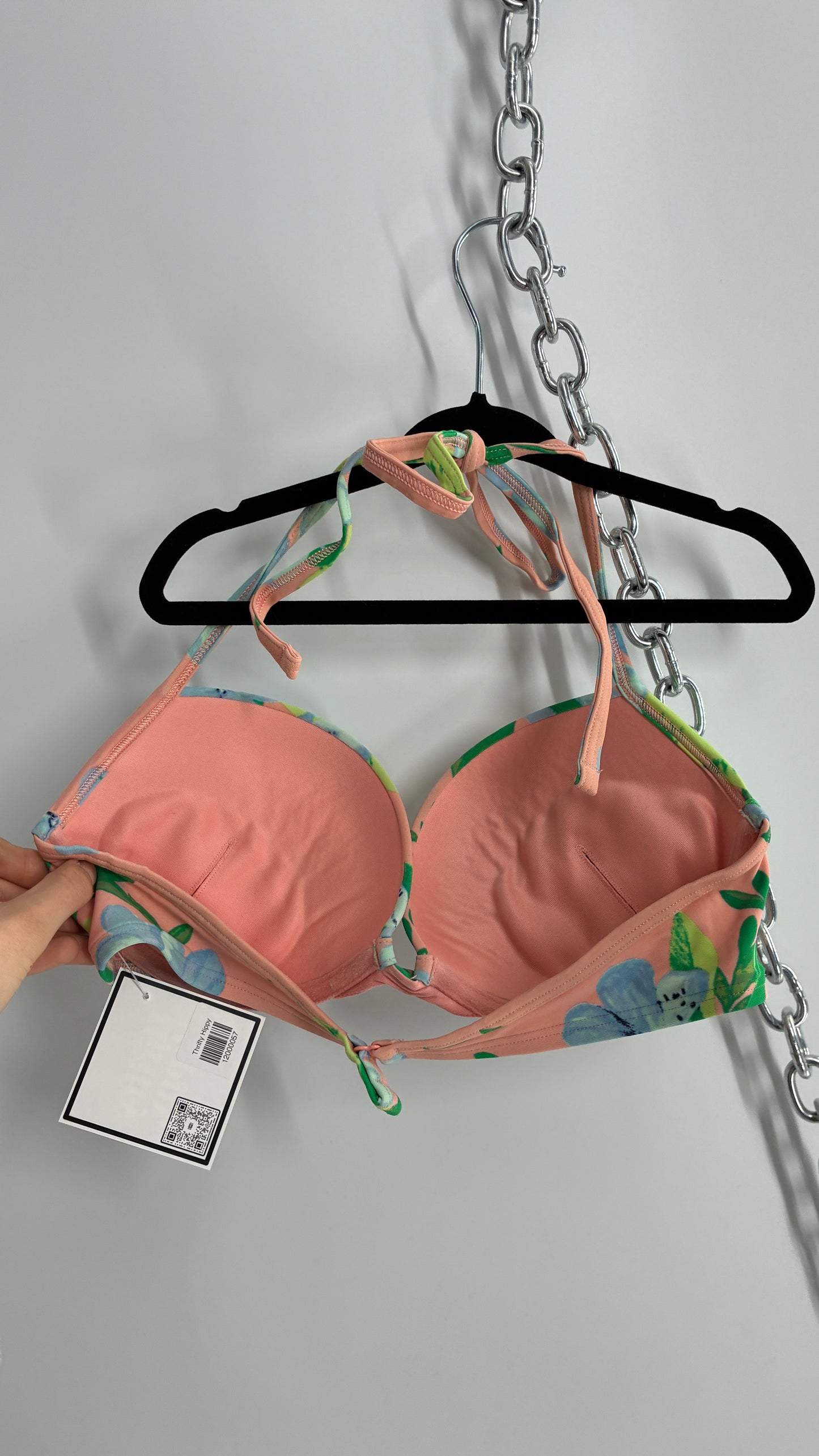 AERIE Peach Underwire Halter Bikini Top with Tropical Florals (34C)