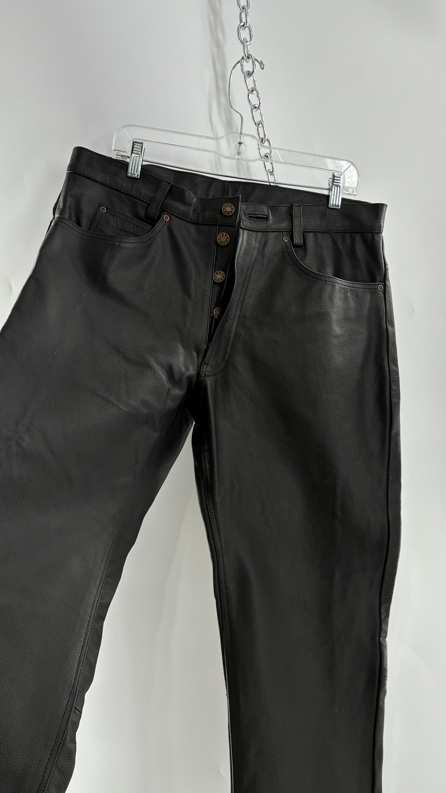 Vintage Button Front, French, Black, Thick Genuine Leather Pants (36)
