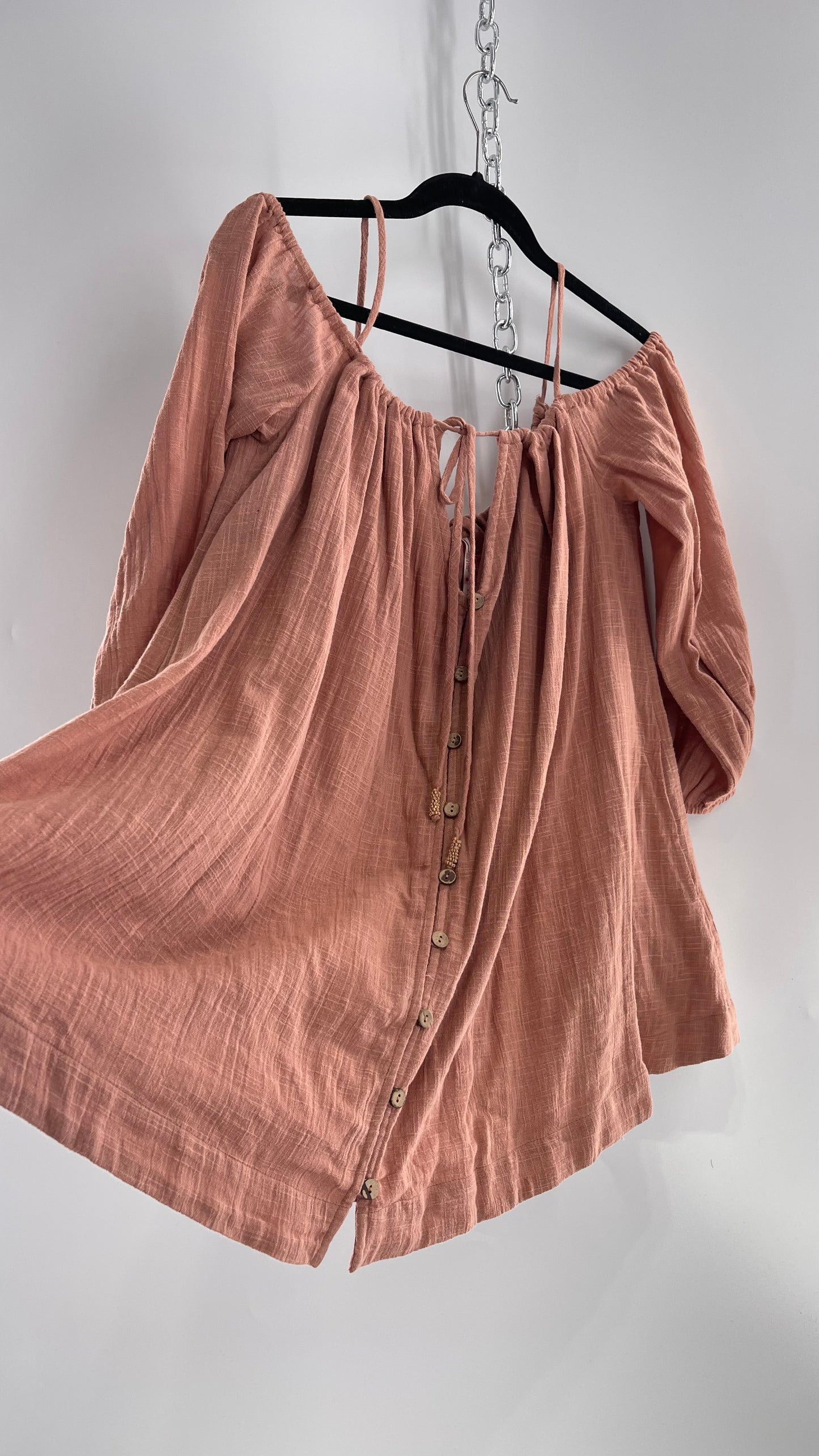 Free People Peachy Pink Coral Off the Shoulder 100% Cotton Voluminous Button Front Blouse (Small)