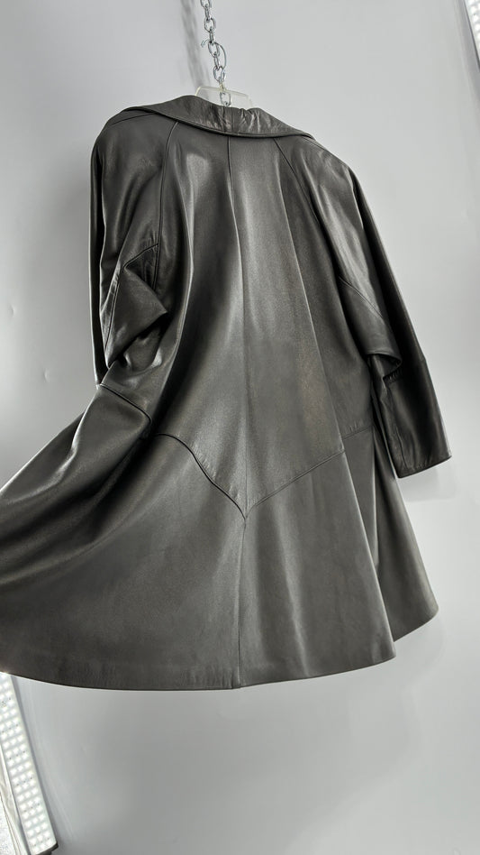 Vintage 1980s JUST PIERRE 3pc Metallic Silver Leather Trench Coat, Micro Mini Skirt and Sheer Blouse Set (S/M)