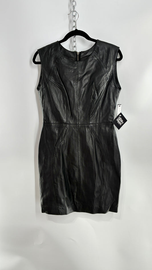 AQUA LUXE Black Leather Bodycon Paneled Dress with Tags Attached (Small)