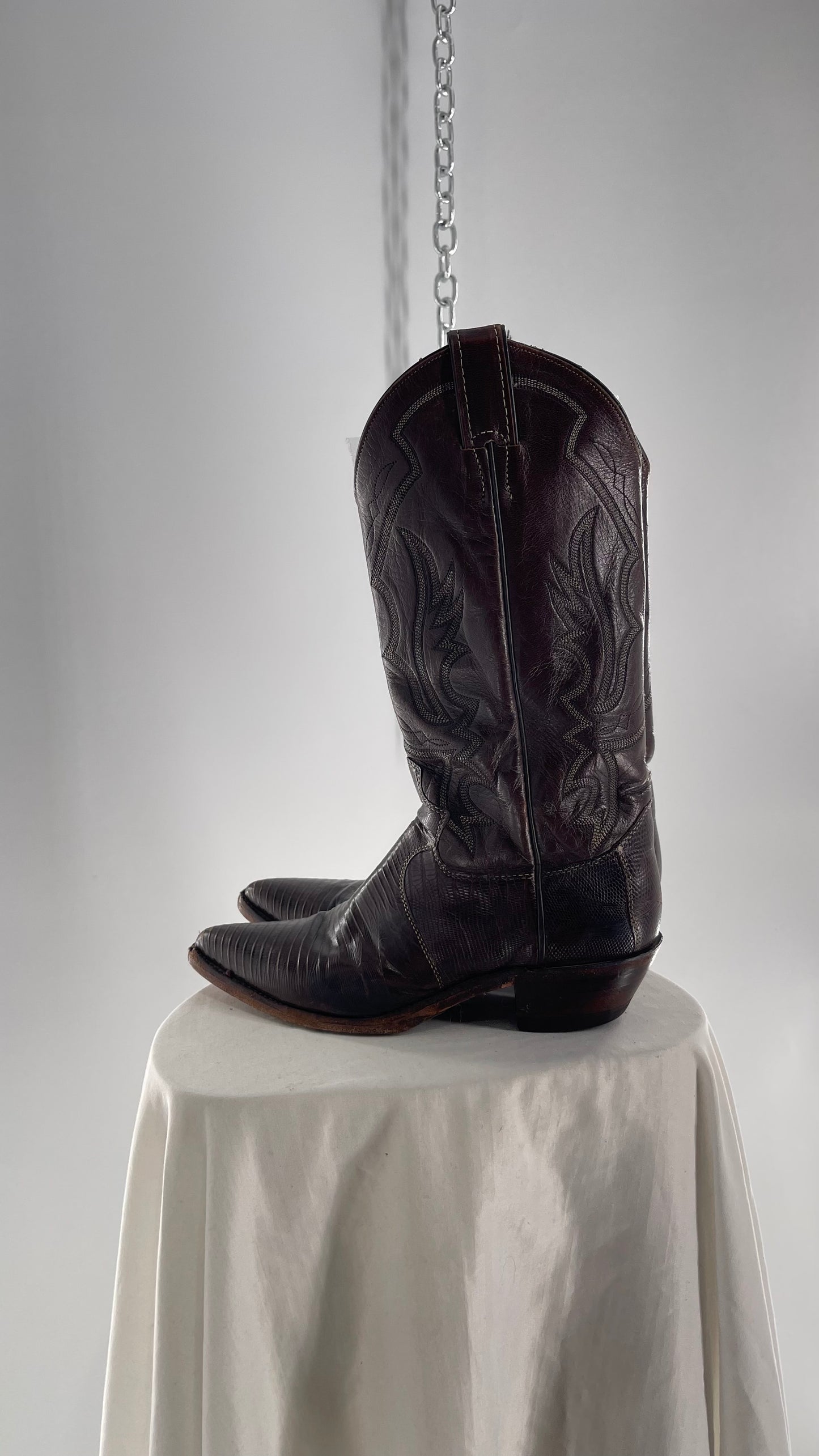 Vintage JUSTIN Dark Brown Leather/Lizard Pointed Toe Cowboy Boots Worn In (7.5)