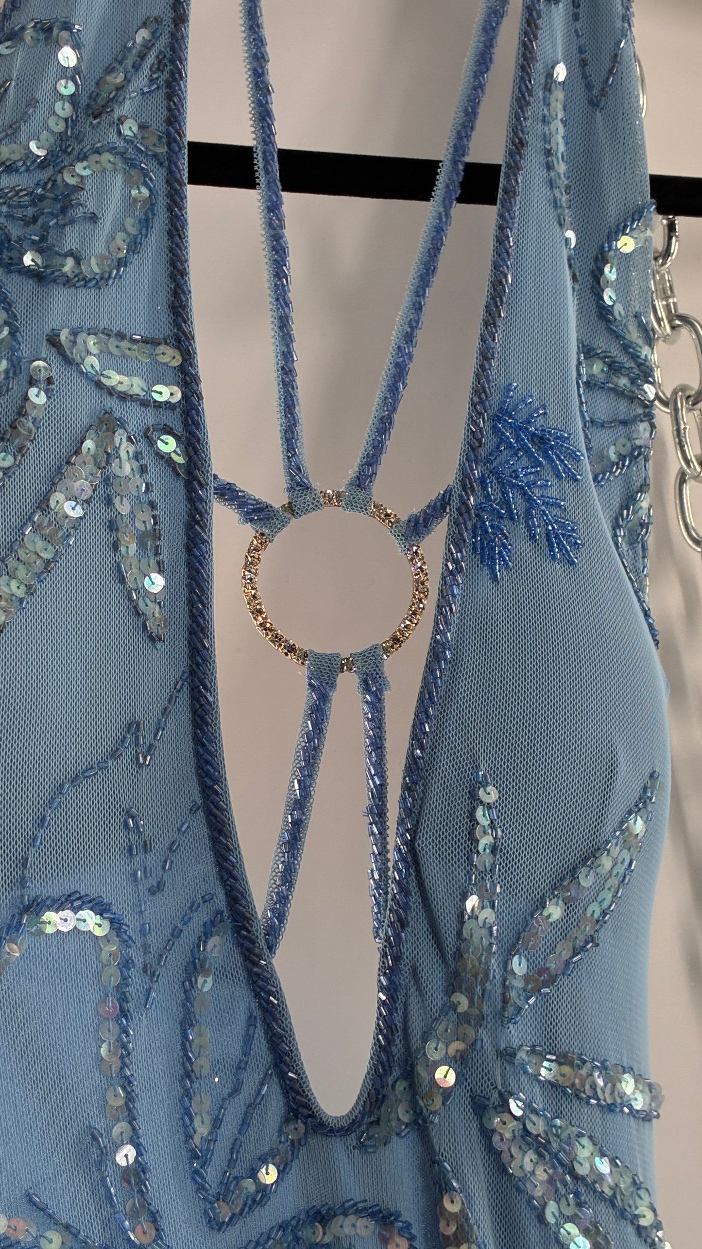 Vintage 1990s Powder Blue Gown Covered in Beaded Appliqué Tropical Designs with Strappy Bust and Low, Open Back (S/M, stretchy no size marked)