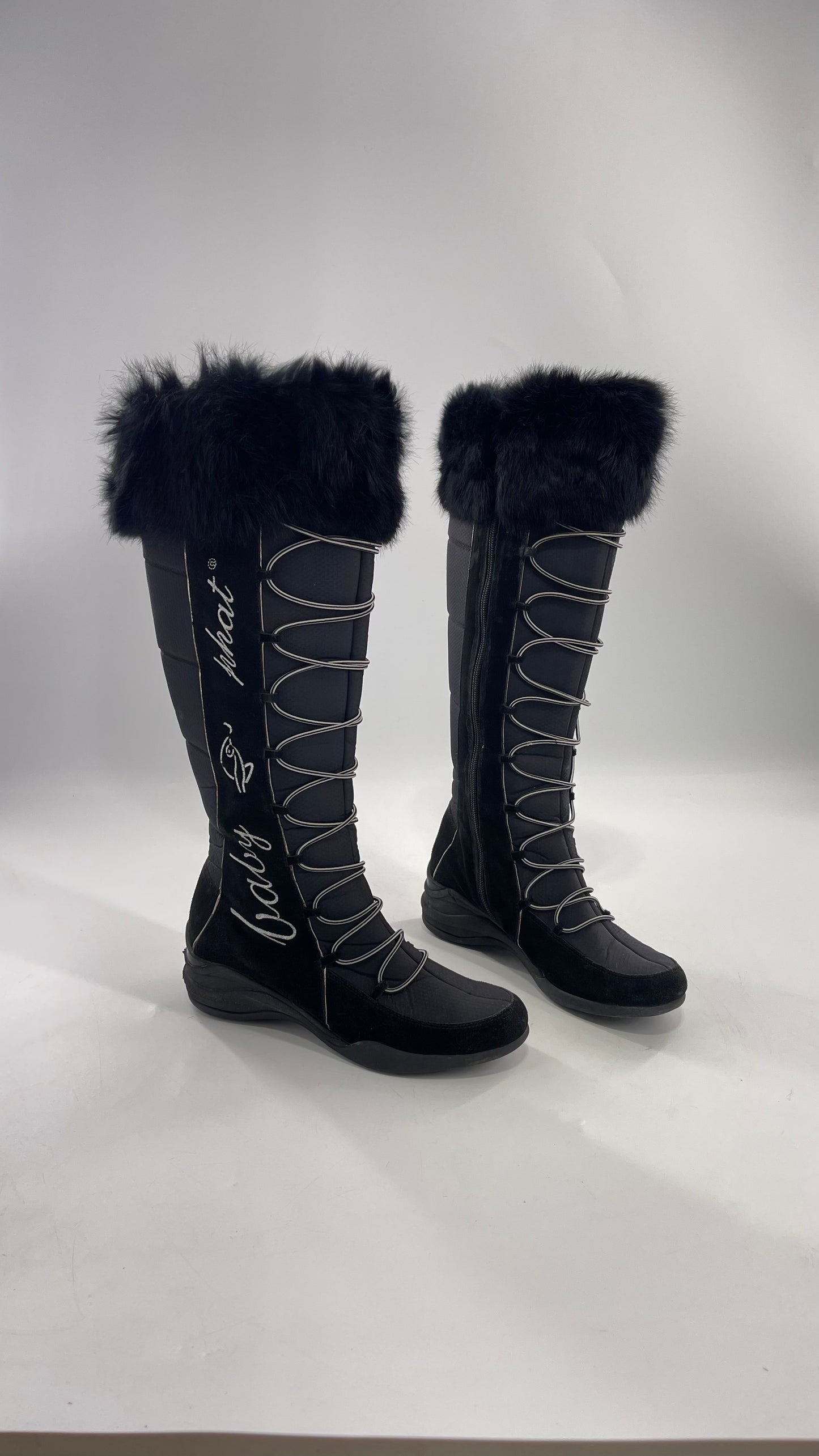 Baby Phat Black Knee High Boots with Rabbit Fur Trim, Bungee Cord Ties, and Embroidered Logo Design (8)