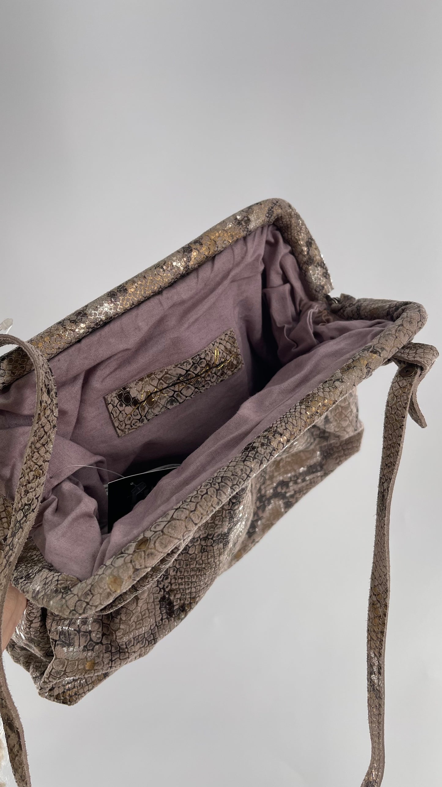 Free People Genuine Leather Clutch and Shoulder Bag Snake Print with Reflective Silver and Gold Flecks