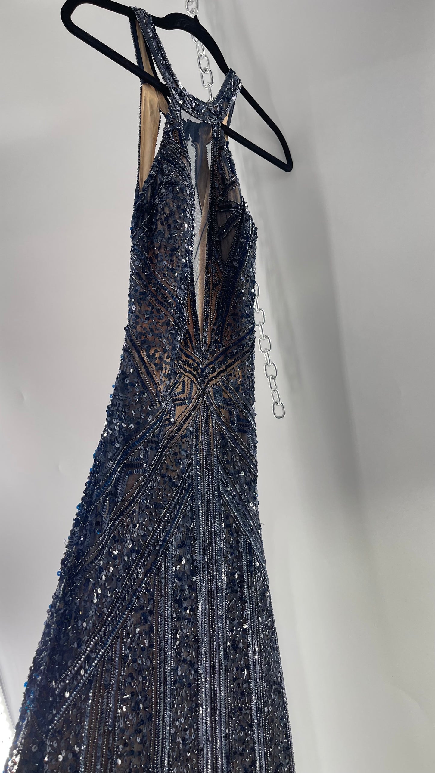 Vintage SCALA Navy Blue Beaded Floor Length Gown with Plunging Neckline, Backless Detail, and Tan Underlay (C)(4)