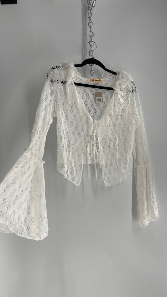 Urban Outfitters White Lace Bell Sleeve, Ruffled Neckline, Tie Bust Blouse (XL)