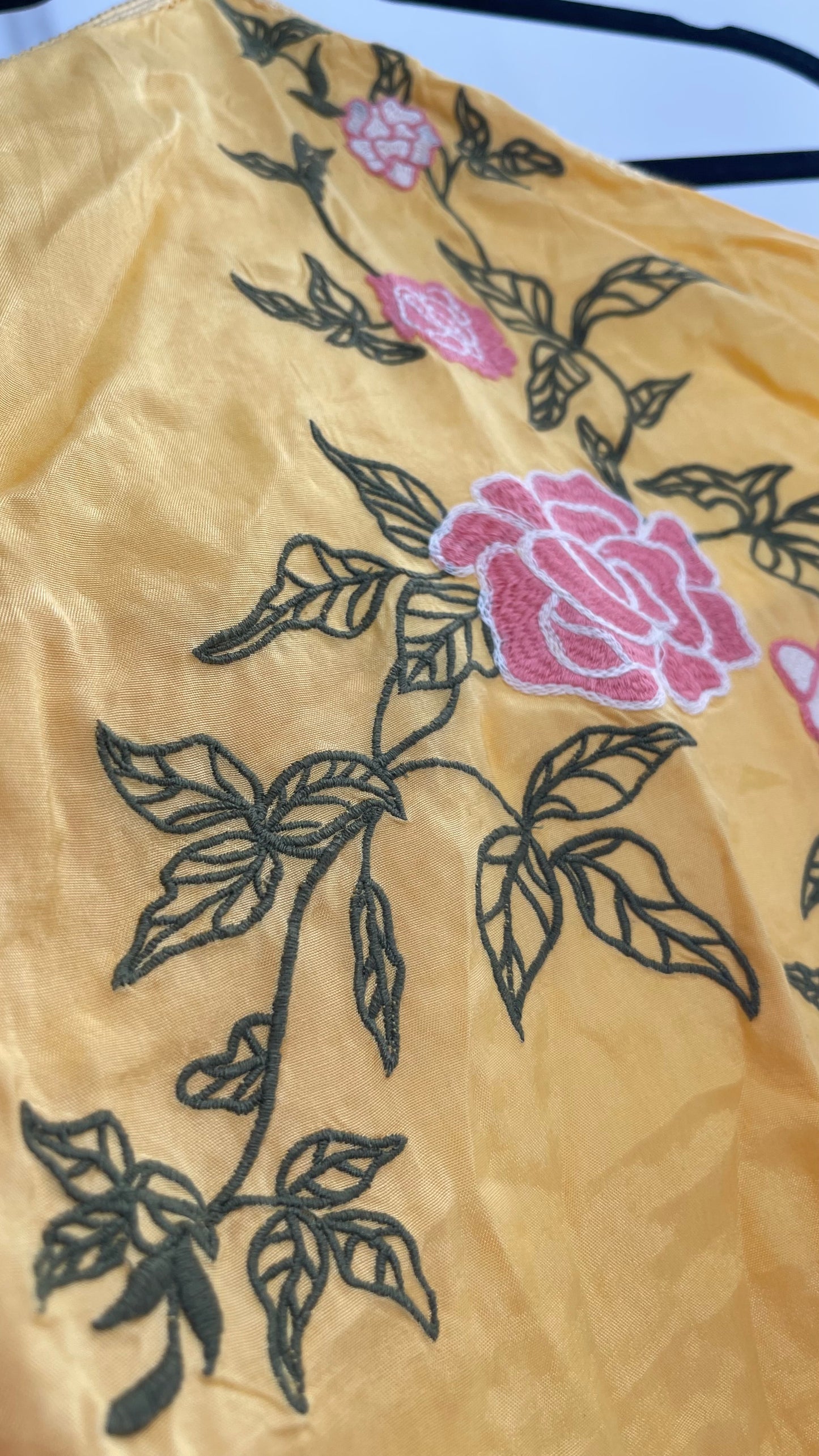 Urban Outfitters Yellow Halter with Embroidered Roses and Fringe Hemline (Medium)