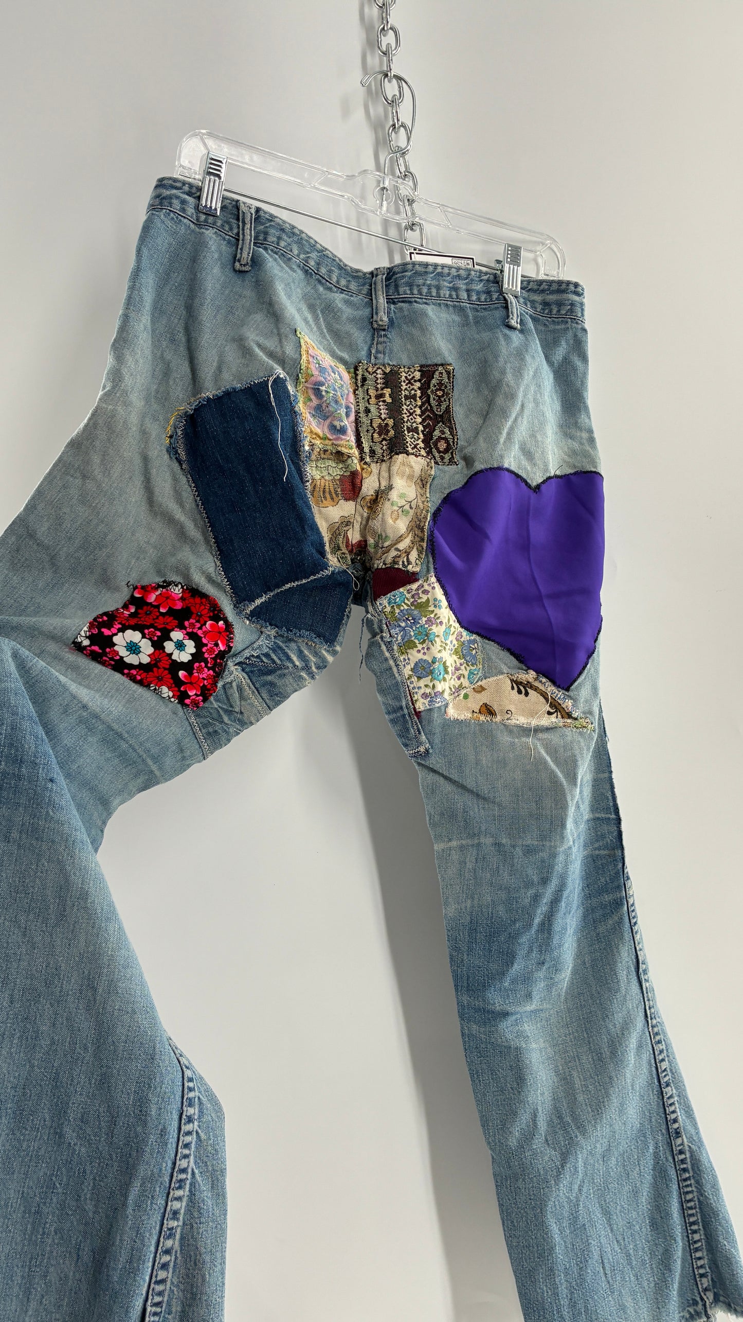 Vintage Rare 1970s Light Wash, Low Rise Boot Cut Jeans with Hand Stitched Tapestry Style Patches and Purple Heart on Bum (Measurements Below)