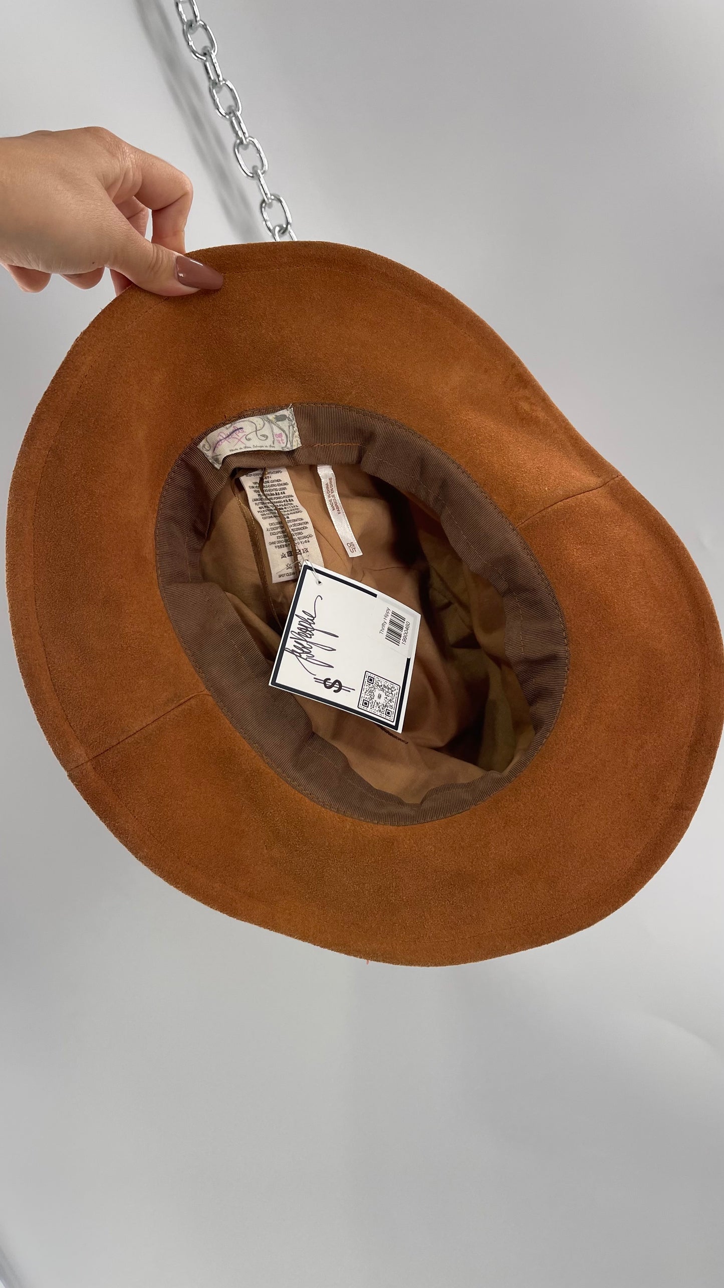 Free People Burnt Orange Suede Genuine Leather Sun Hat with Braided Belt