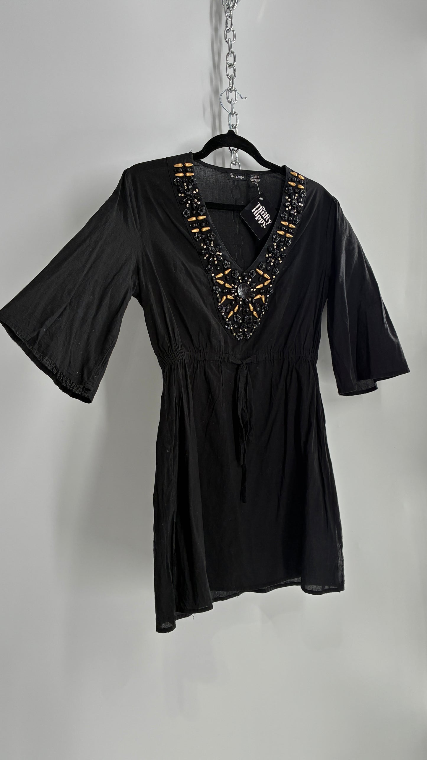 Vintage RAVIYA Black Mini Dress Blouse with Beaded Neckline (Medium)