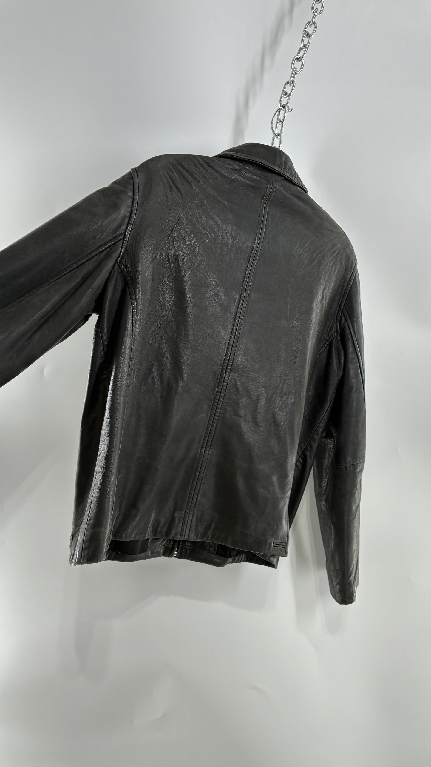 Vintage WINLIT New York Black Leather Collared Zip Front Paneled Jacket (Large)