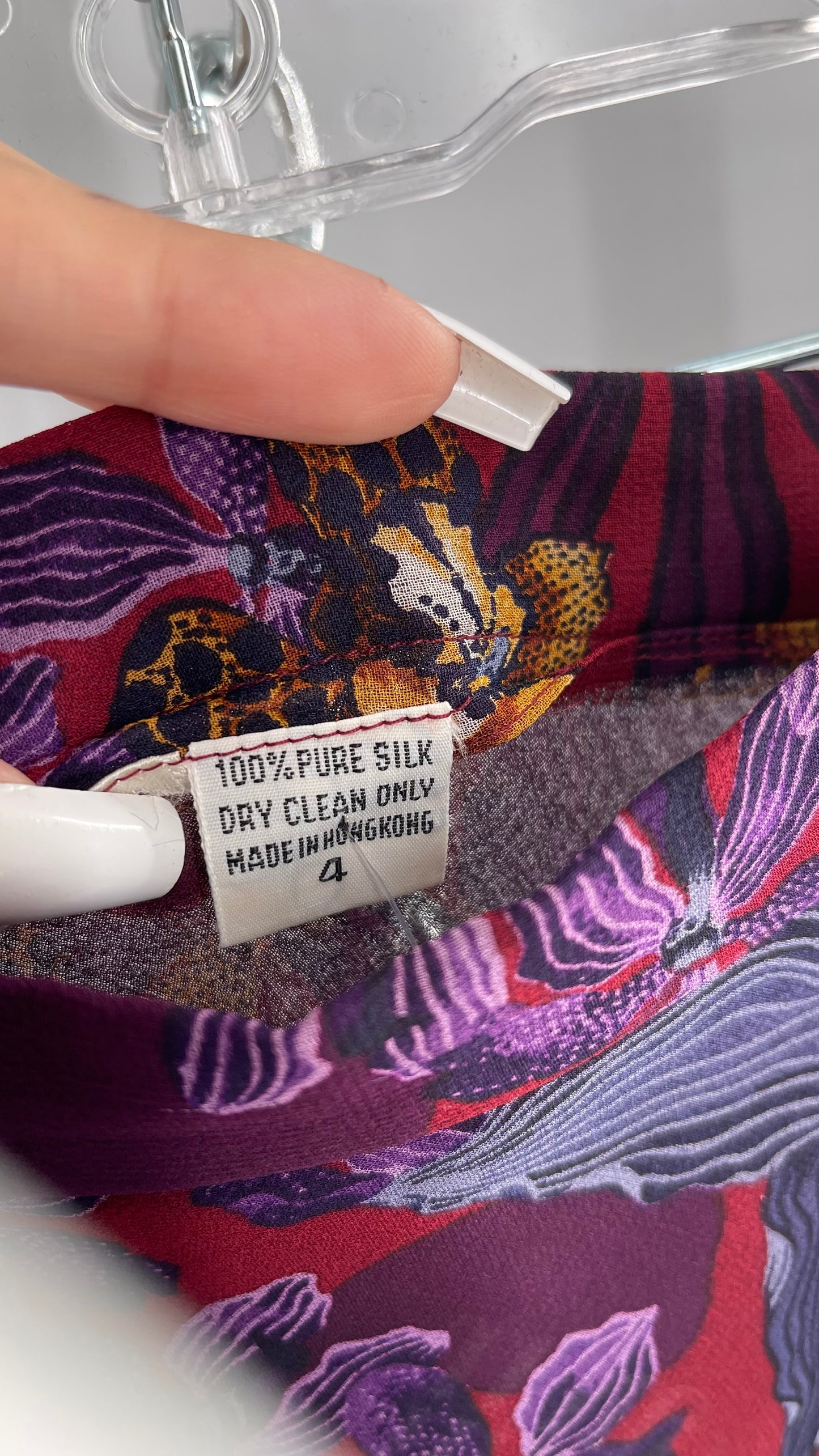 Vintage 100% Silk Burgundy Tropical Skirt with Leopard Florals (4)