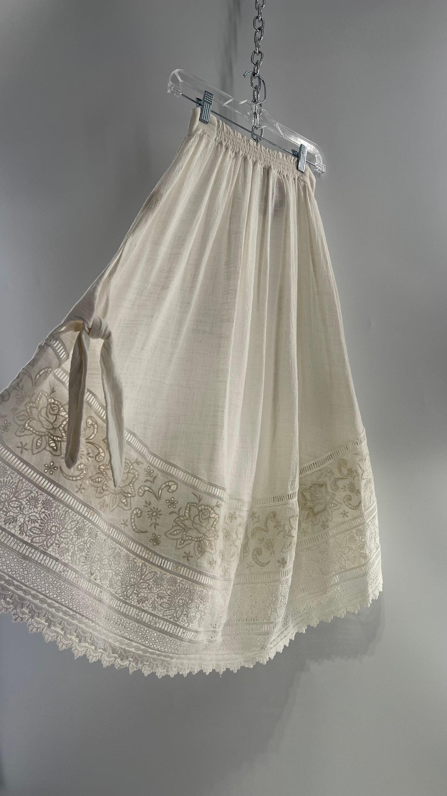 Spell & the Gypsy Full Length Cotton Gauze White Skirt with Tie Sides and Heavily Embroidered Hem (XS)