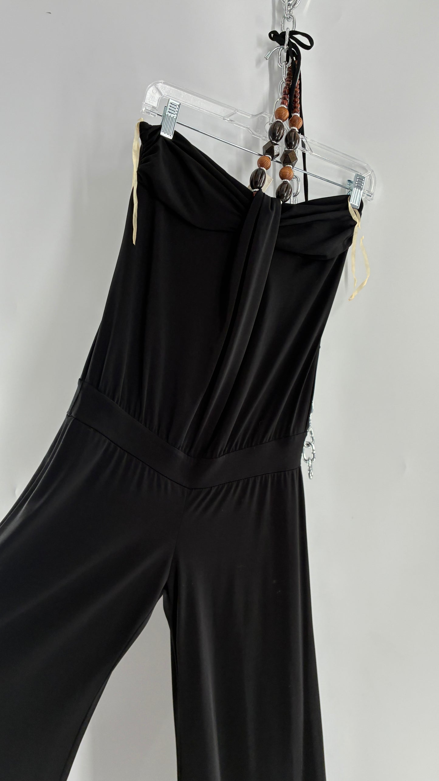 Vintage L8ter 1990s Black Drop Waist Wide Leg Jumpsuit with Beaded Choker Halter (Small)