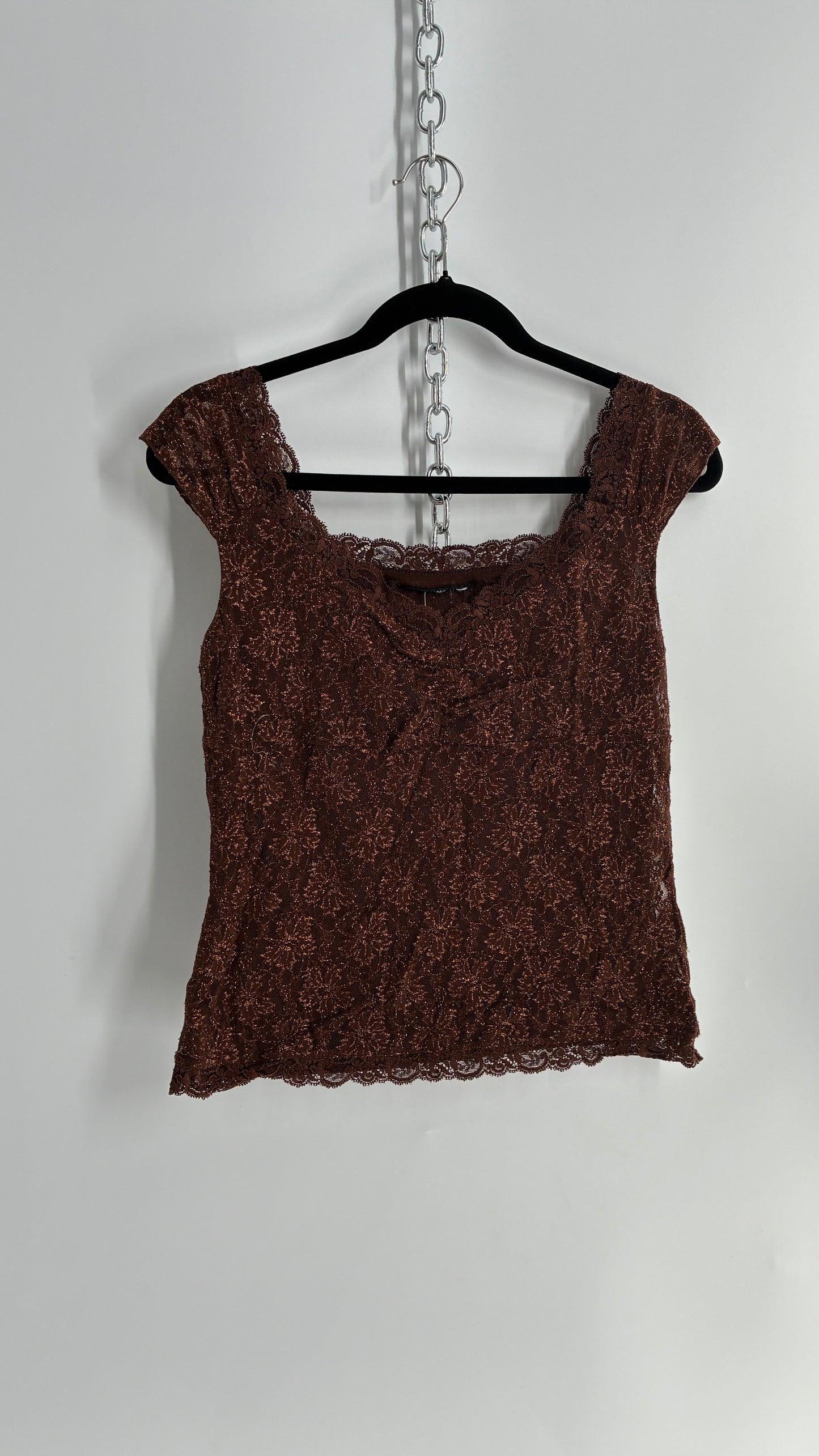 Vintage 1990s Brown Gold Tinsel Lace Straight Neckline Top (M)