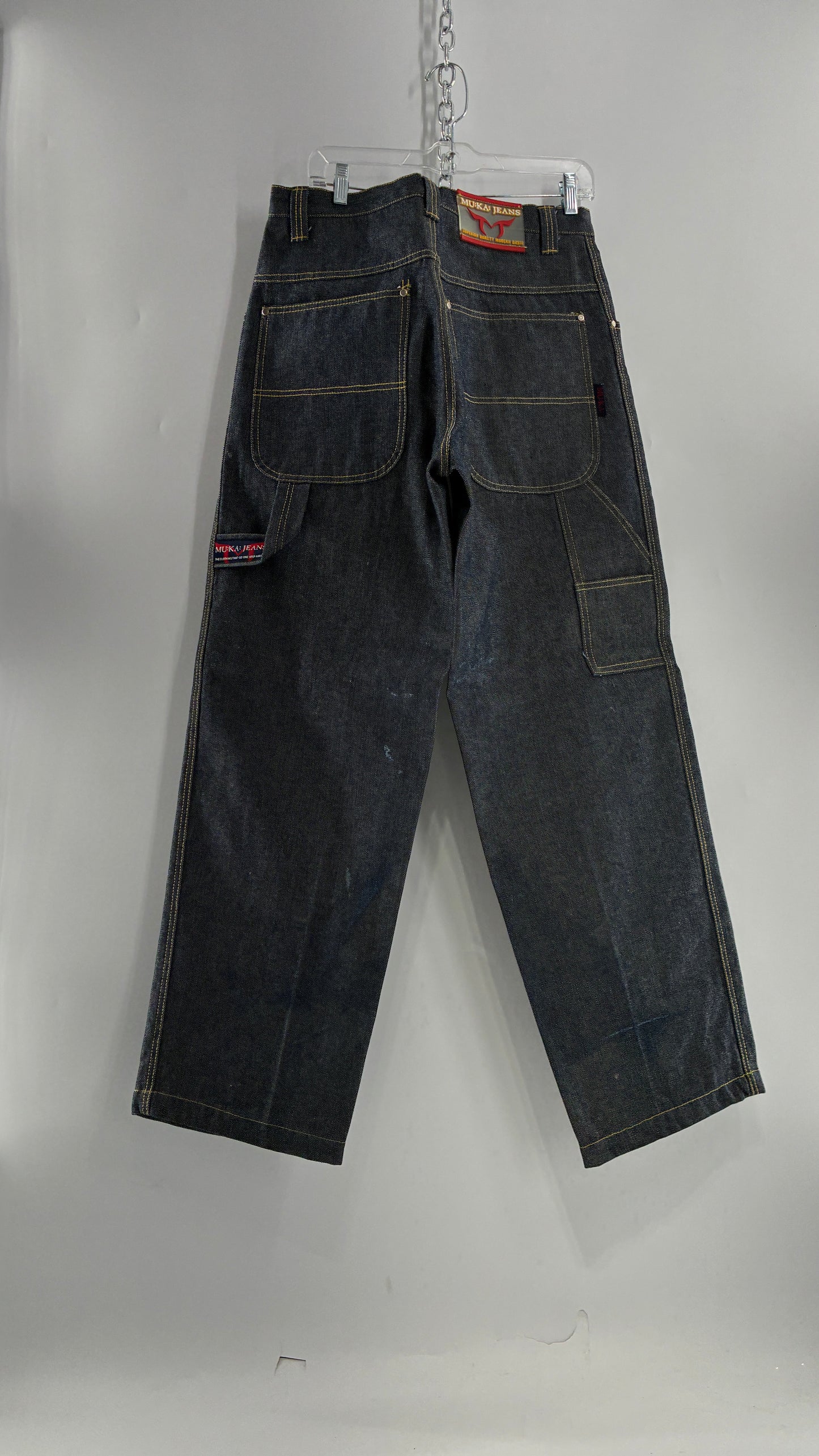 Vintage 1990s MU:KA: JEANS Men’s Dark Wash Japanese Style Denim Baggy Straight Legs and Oversized Jacket Set (L, 32x32)
