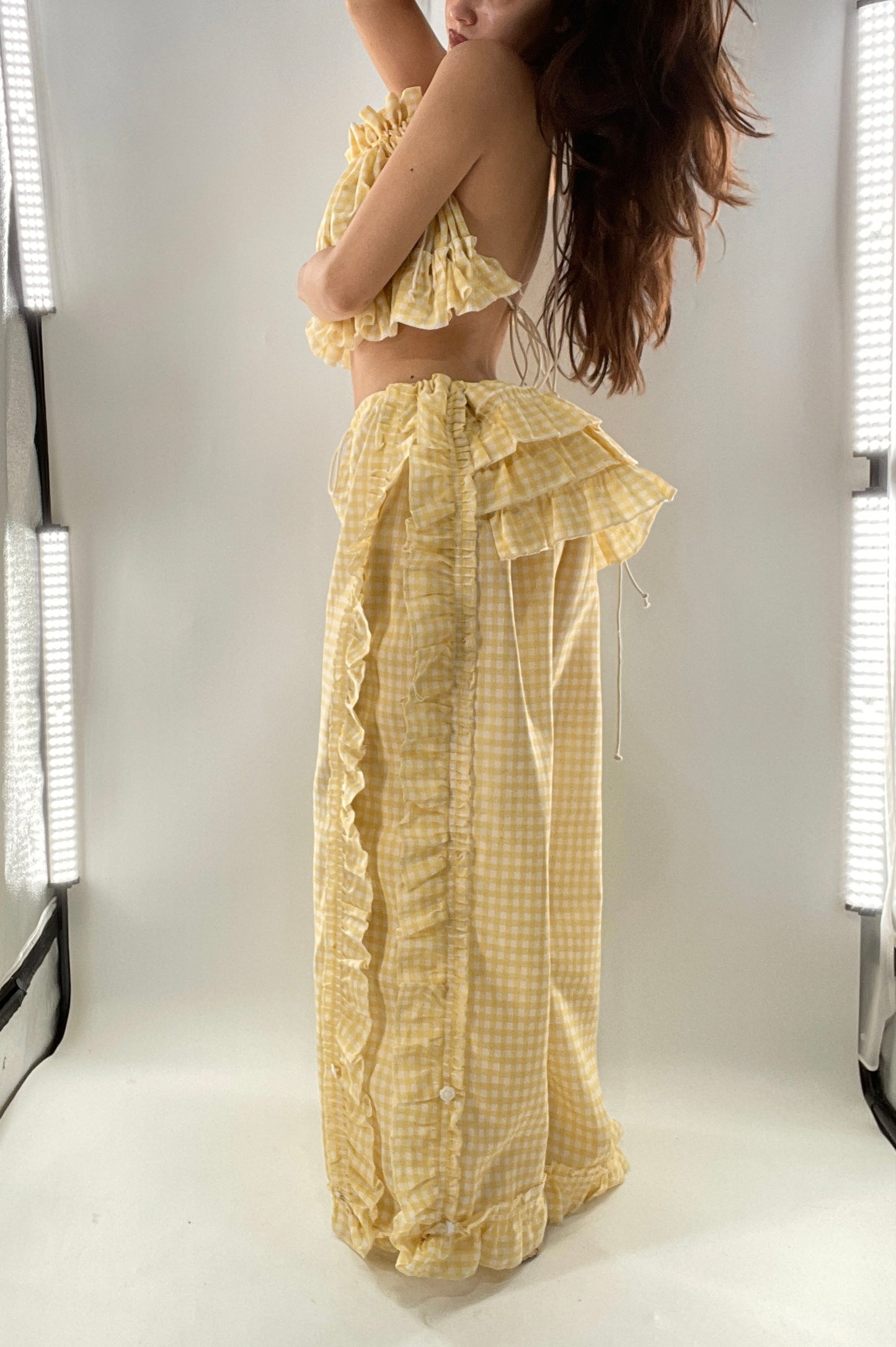 Vintage 2 Piece Yellow Checkered/Gingham Patterned Picnic Set with Ruched Bust Top and Ruffle Side Wide Legs with Adjustable Length, Strap Up Buttons on Hem (One Size)