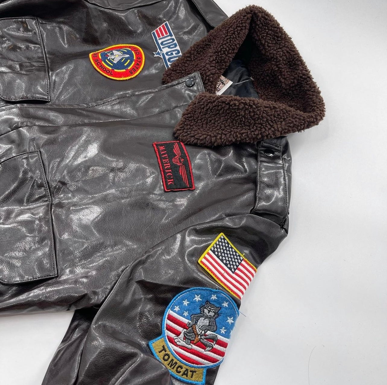 Vintage Dark Brown Top Gun Bomber Jacket with Patches and Teddy Sherpa Collar (Large)