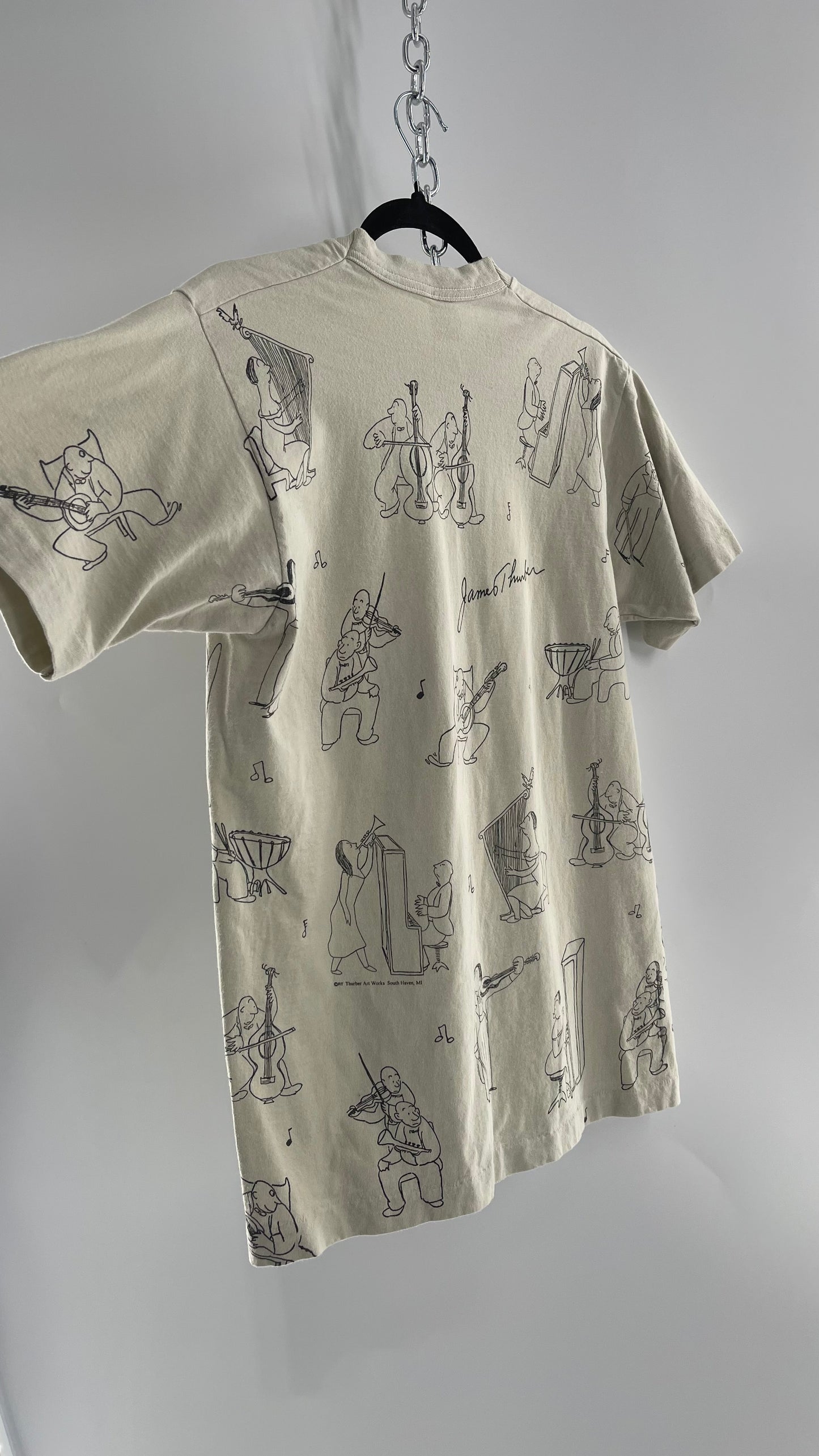 Vintage James Thurber Welcome to the Opera Beige Doodle Comic Sketch T Shirt (M)