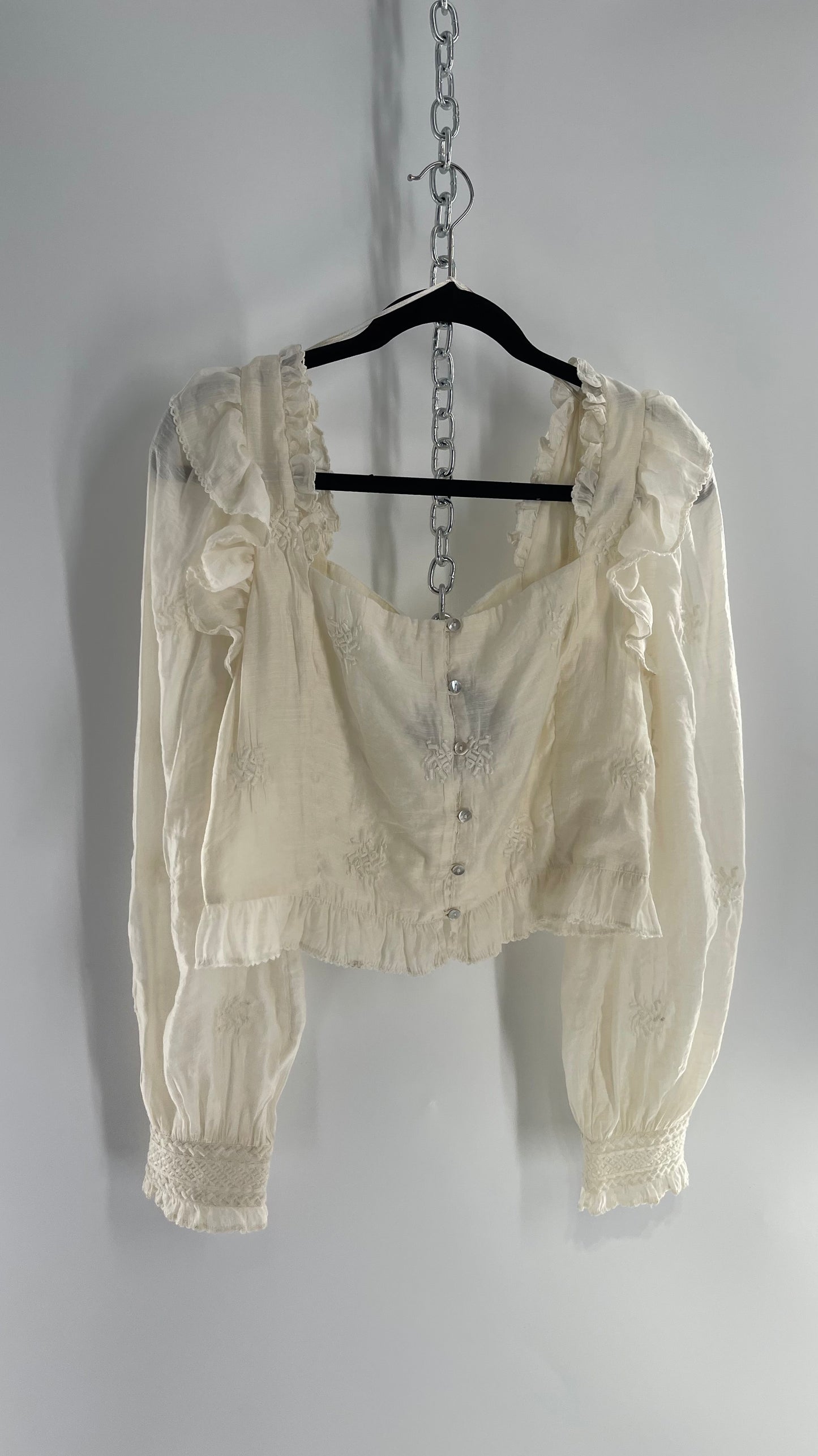 Free People White Cotton Bubble Sleeve Blouse with Embroidered Details (Medium)