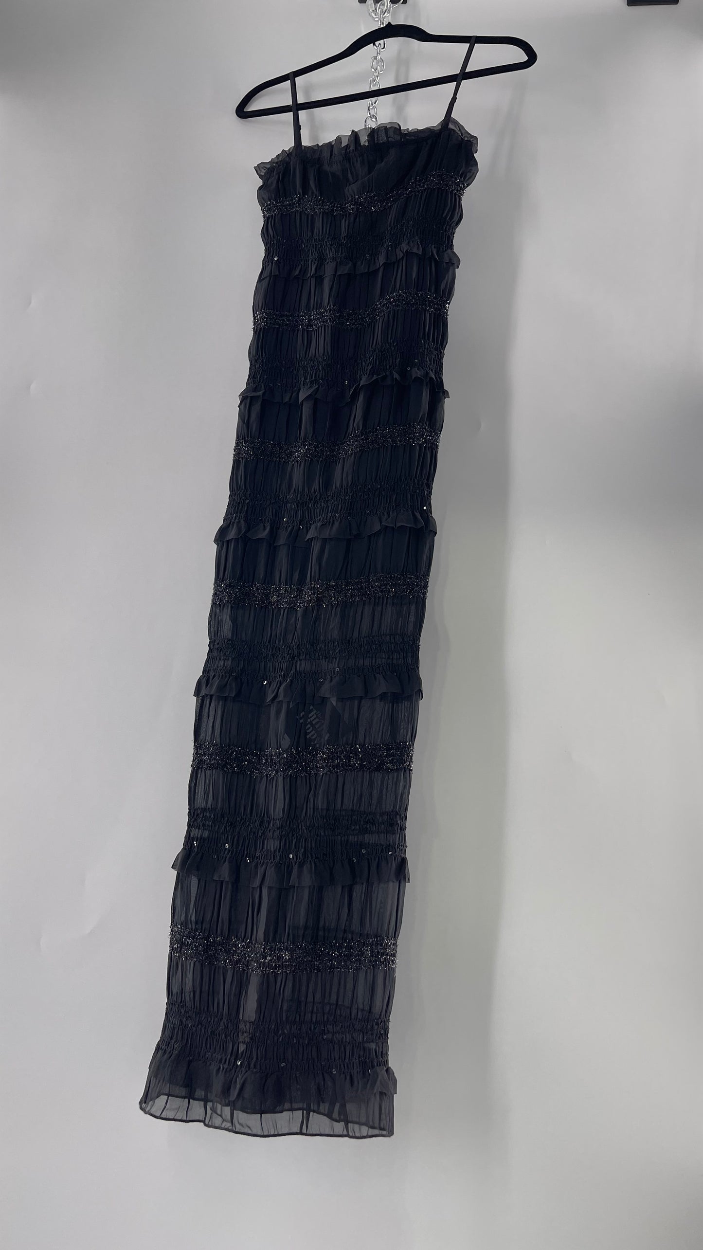 The Commense Black Sheer Crimped Midi Dress with Stripes of Tinsel and Ruffle with Tags Attached (Medium)