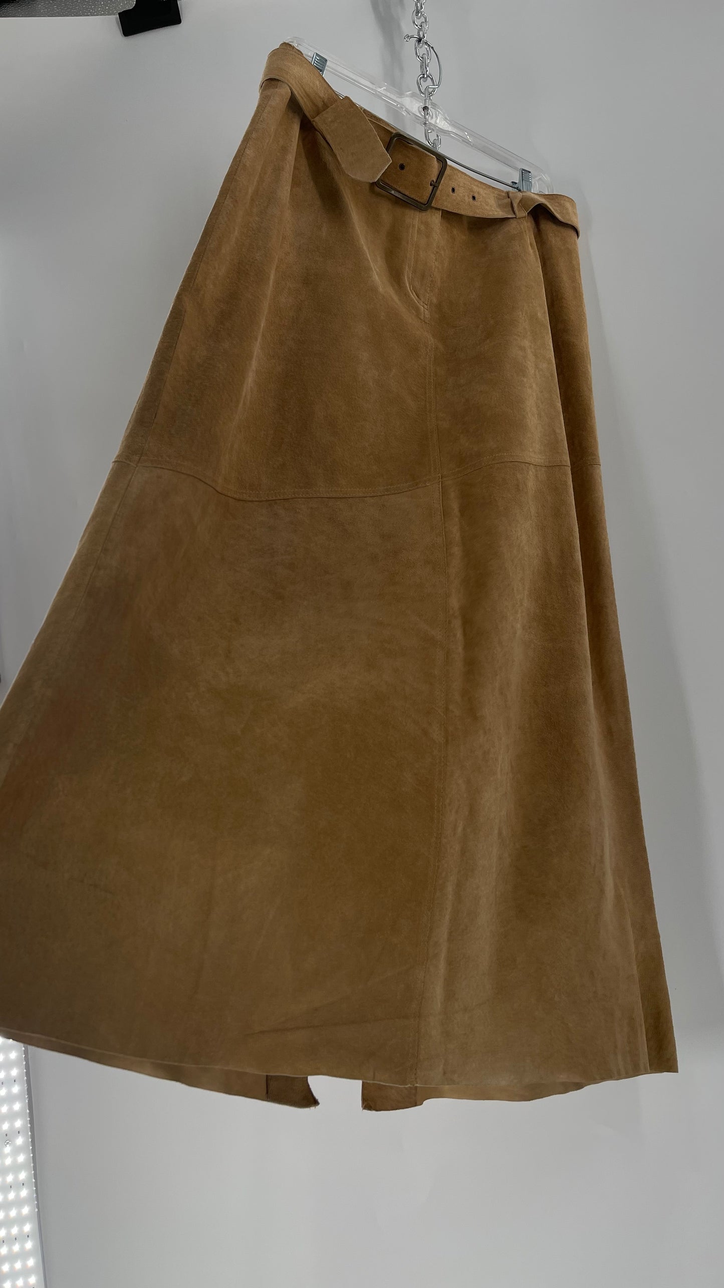 Vintage Margaret Godfrey Tan Suede Low Rise Full Length Skirt with Grommet Belt (14)