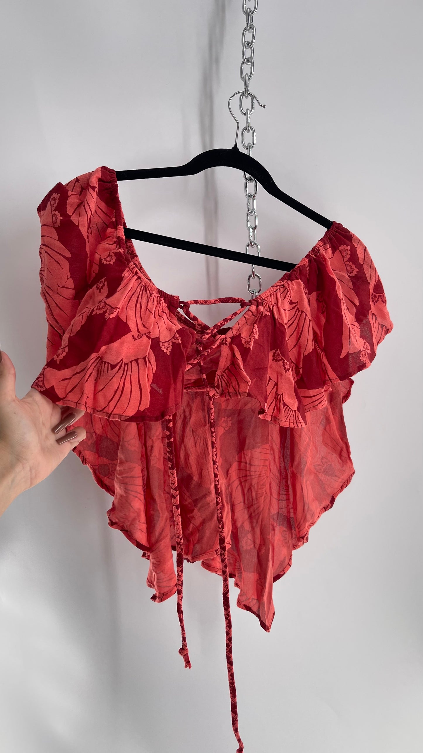 Free People Red Floral Drape Over Bandeau with Tie Up Back (Medium)