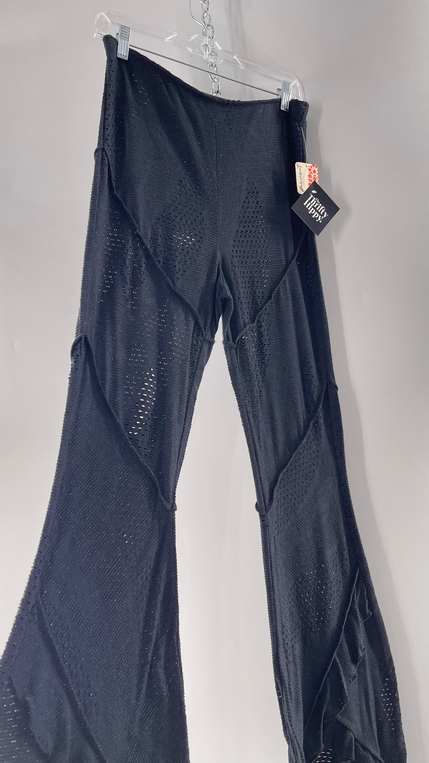 Free People Black Midnight Grey Mixed Pattern Kickflares with High Low Hem, Exposed Seams and Distressing Tags Attached (Medium)