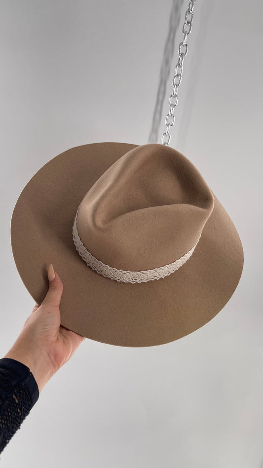 Free People WYETH Tan 100% Wool Lace Belted Wide Brim Sun Hat