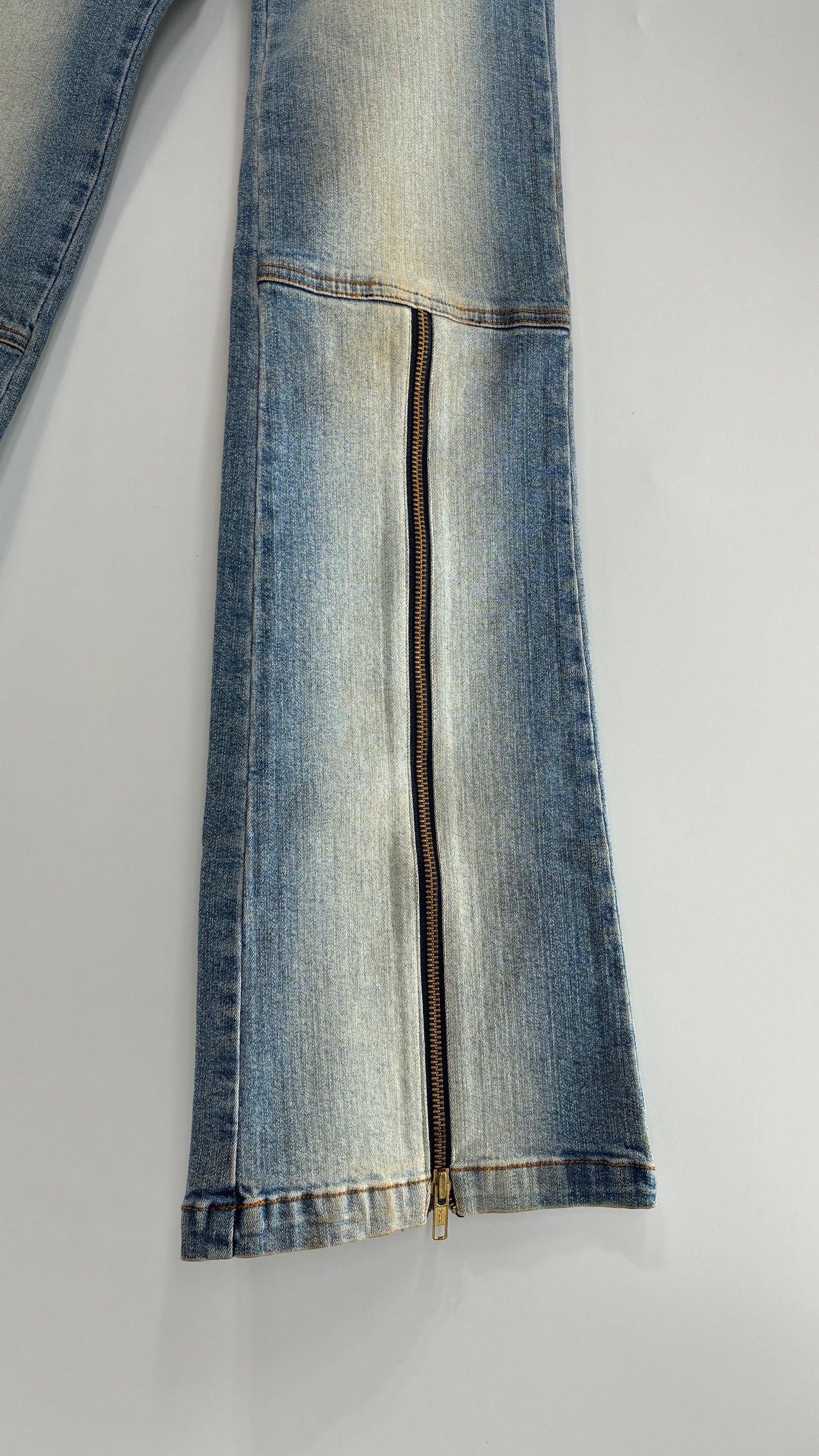 Vintage XCESO JEANS Rare Faded Double Waistband Kickflare Jeans with Functional Zipper Details (Medium*)