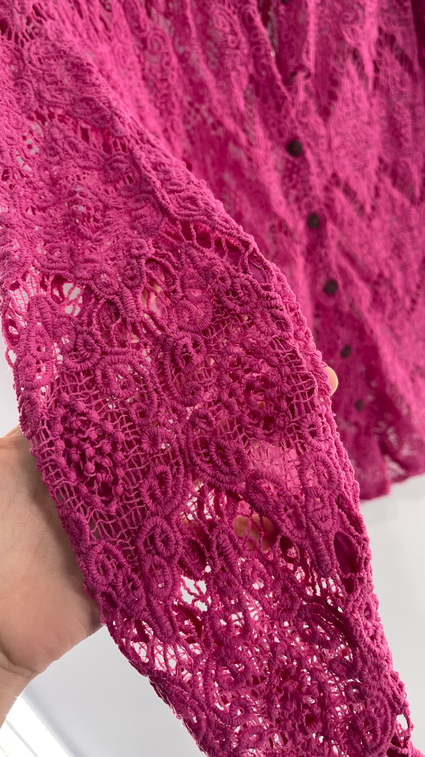Free People Until Sunday Fuchsia Purple/ Pink Thick Lace Button Front Blouse with Coconut Buttons (XS)