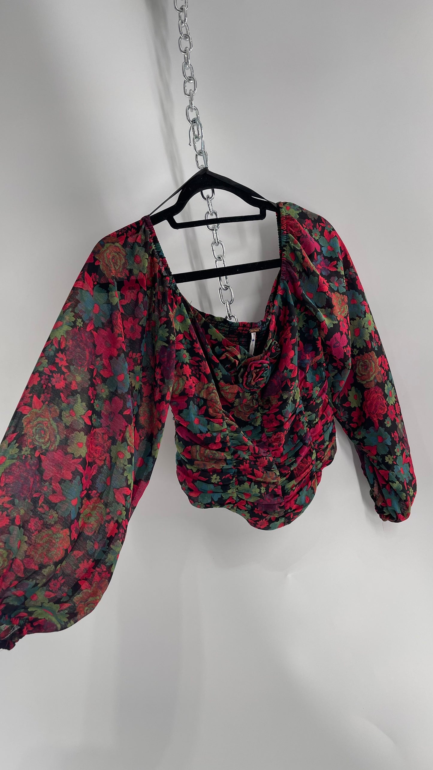 Free People Cropped Floral Blouse with Ruched Body, Balloon Sleeves and Appliqué Rosette Bustline with Tags Attached (Small)