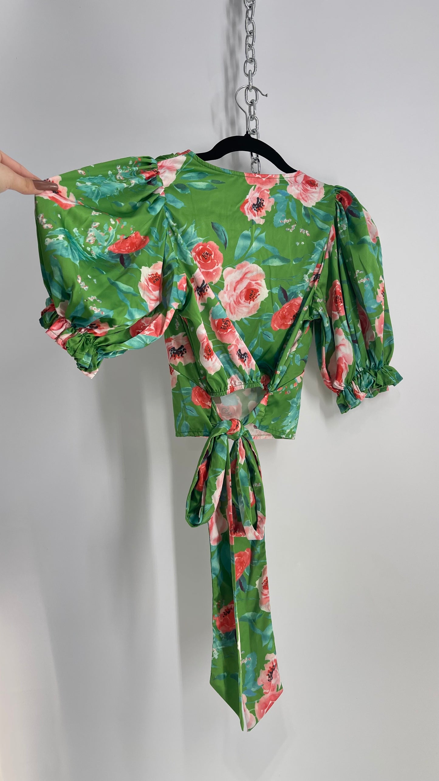 OPI Green Floral Puff Sleeve Open Tie Back Blouse (small)