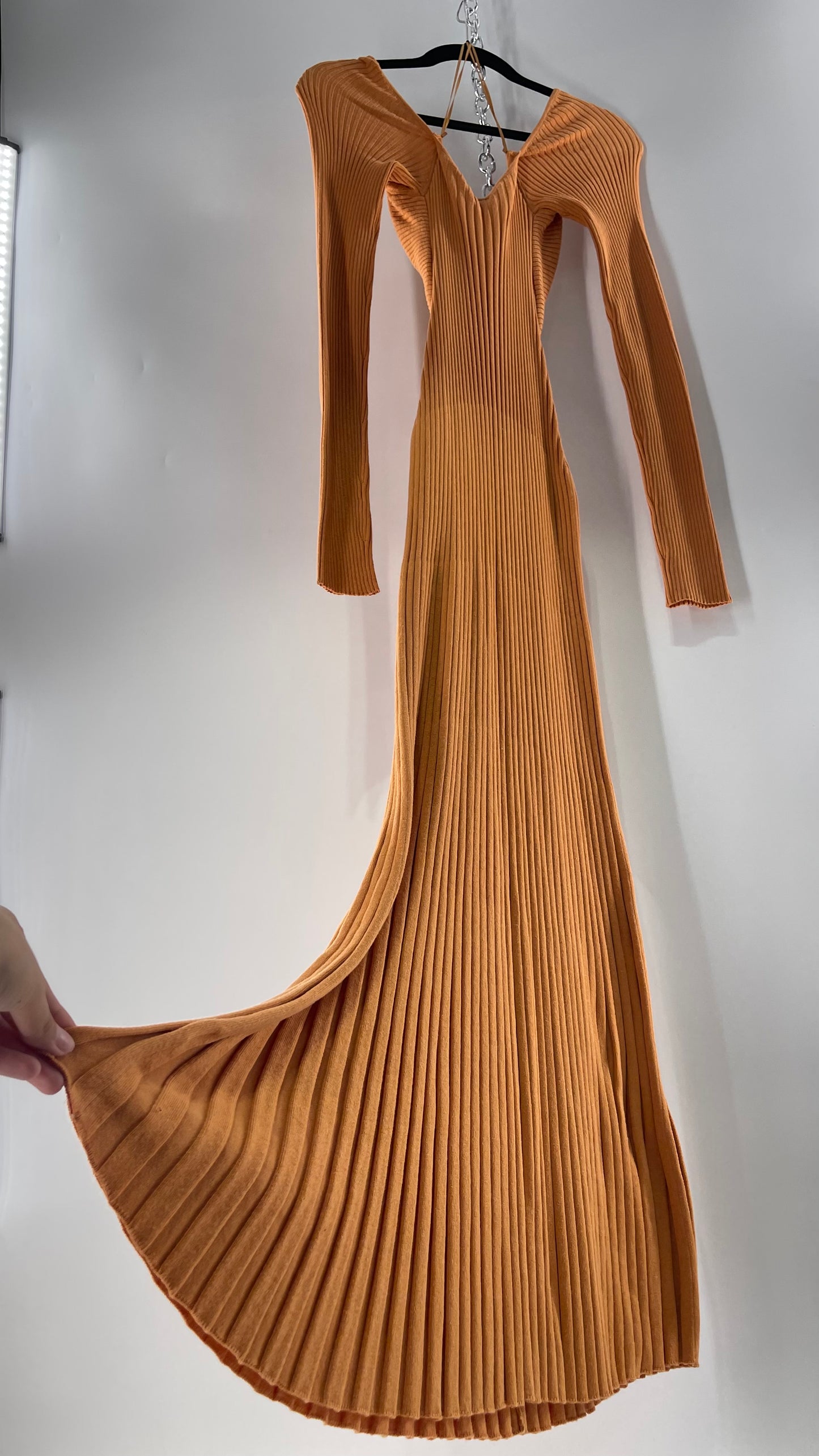 Free People Orange Ribbed Knit Maxi Dress with Cross Over Exposed Midriff Dress (Medium)