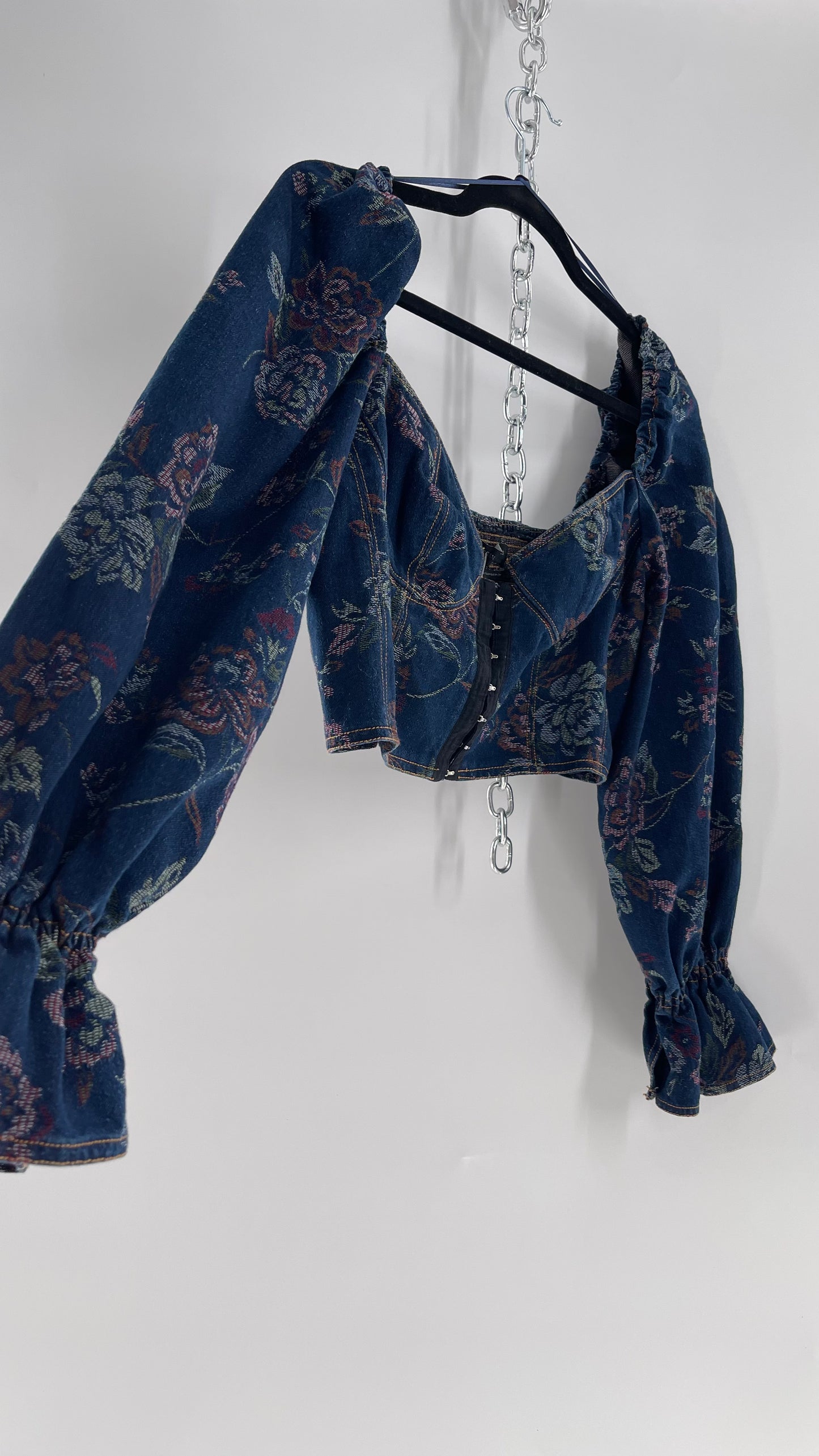 Urban Outfitters Denim Cropped Corset Grommet Balloon Sleeve Blouse (Large)