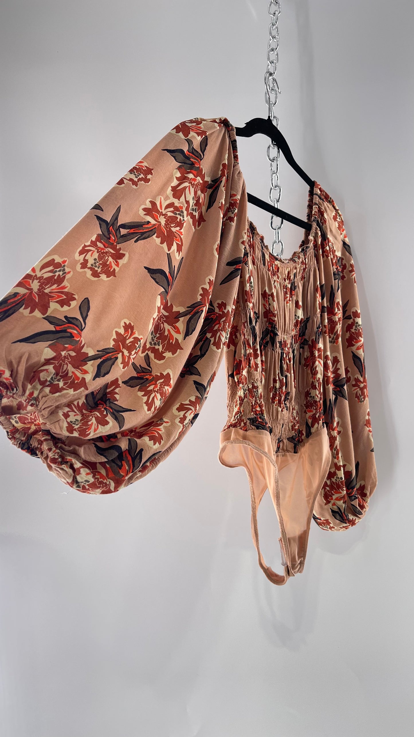 Free People Dusty Pink Smocked Floral Bodysuit with Dramatic Excessive Bubble Sleeves (XS)