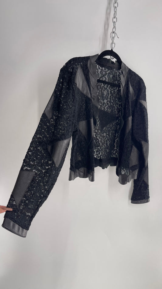 Vintage Black Lace Jacket with Genuine Black Leather Patches and Lining (M/L)