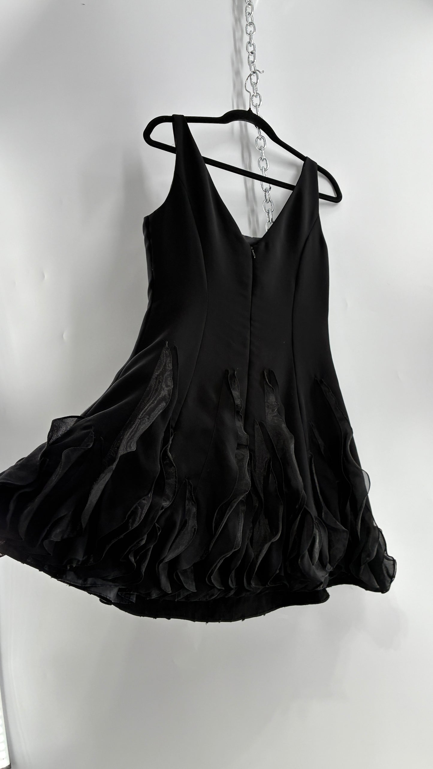 Vintage JS BOUTIQUE Black Structured Petite Mini Dress with Ruffled Hem (10P)