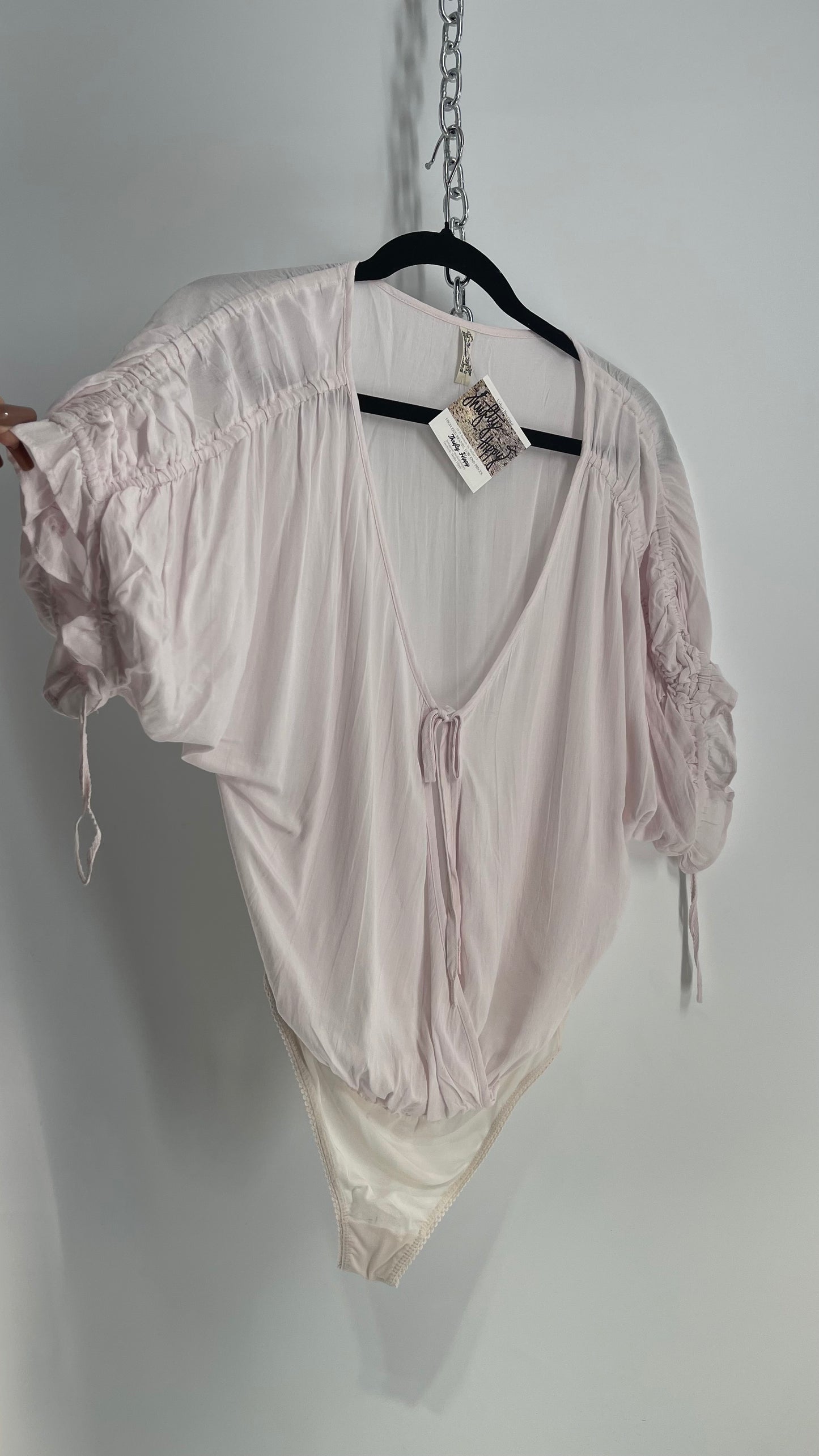 Intimately Free People Light Pink Bodysuit with Ruched Sleeve Detail (Small)