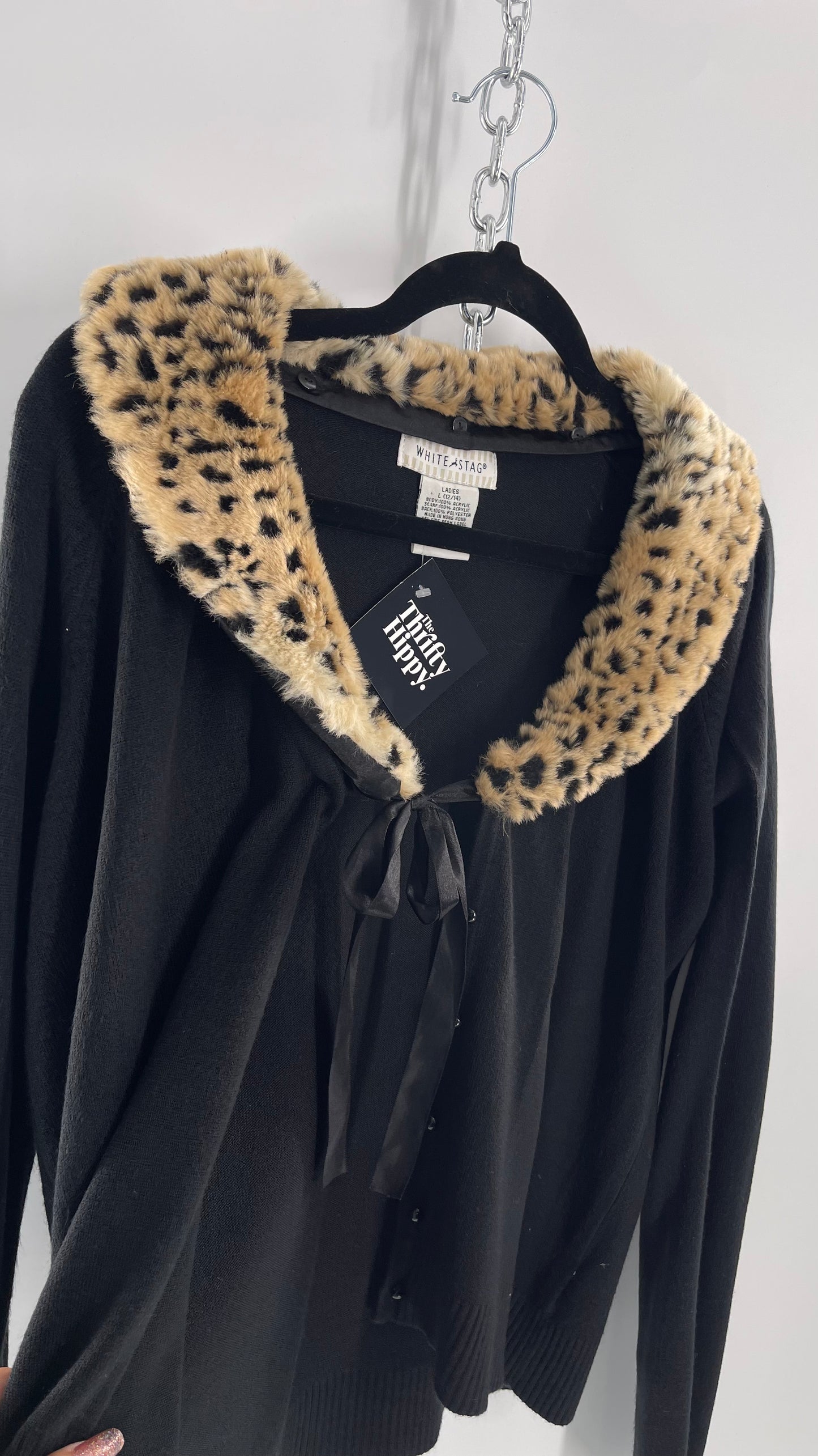 Vintage Cheetah Fur Trim Collar Cardigan (Large)