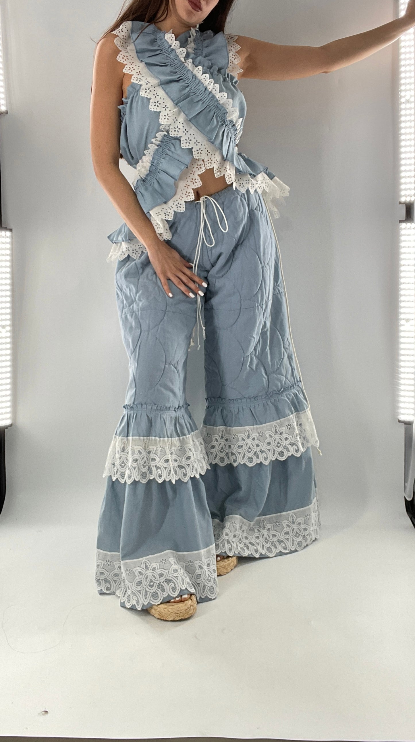 Vintage 2 Piece Powder Blue Set Featuring 2Way Blouse and Quilted Trousers Covered in Ruffles, Lace and Trim (One Size)