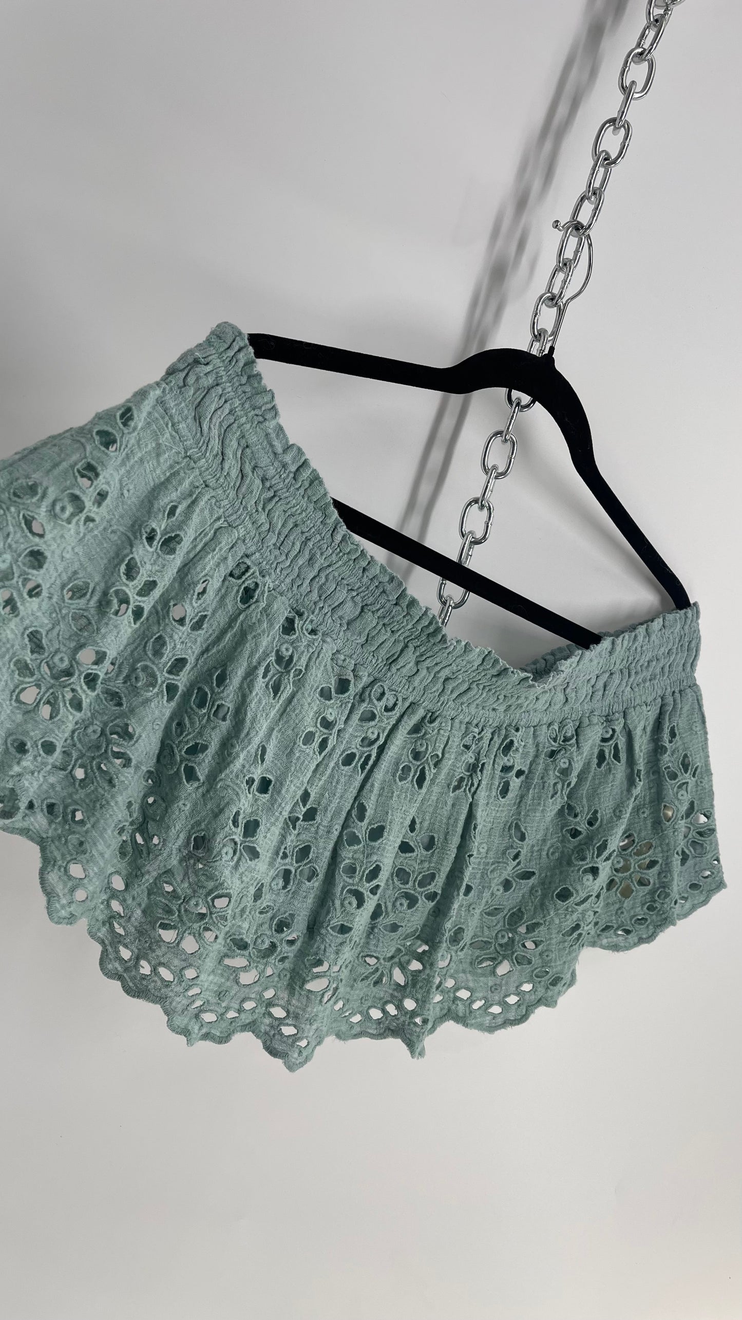 Free People Eyelet Cotton Teal Blue Off the Shoulder Ruffle Bandeau (Medium)
