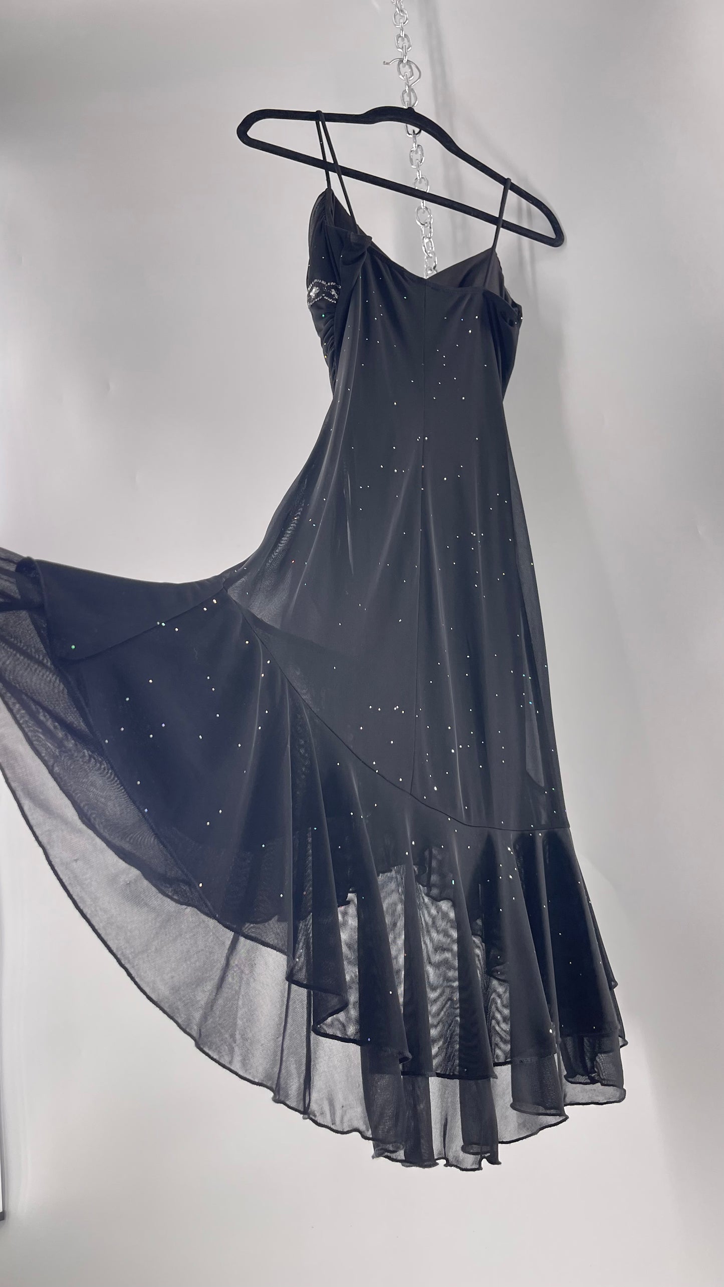 Vintage Taboo Midi Dress with Iridescent Sequins with Lace Underbust Detail, High Low Silhouette and Frills (Medium)