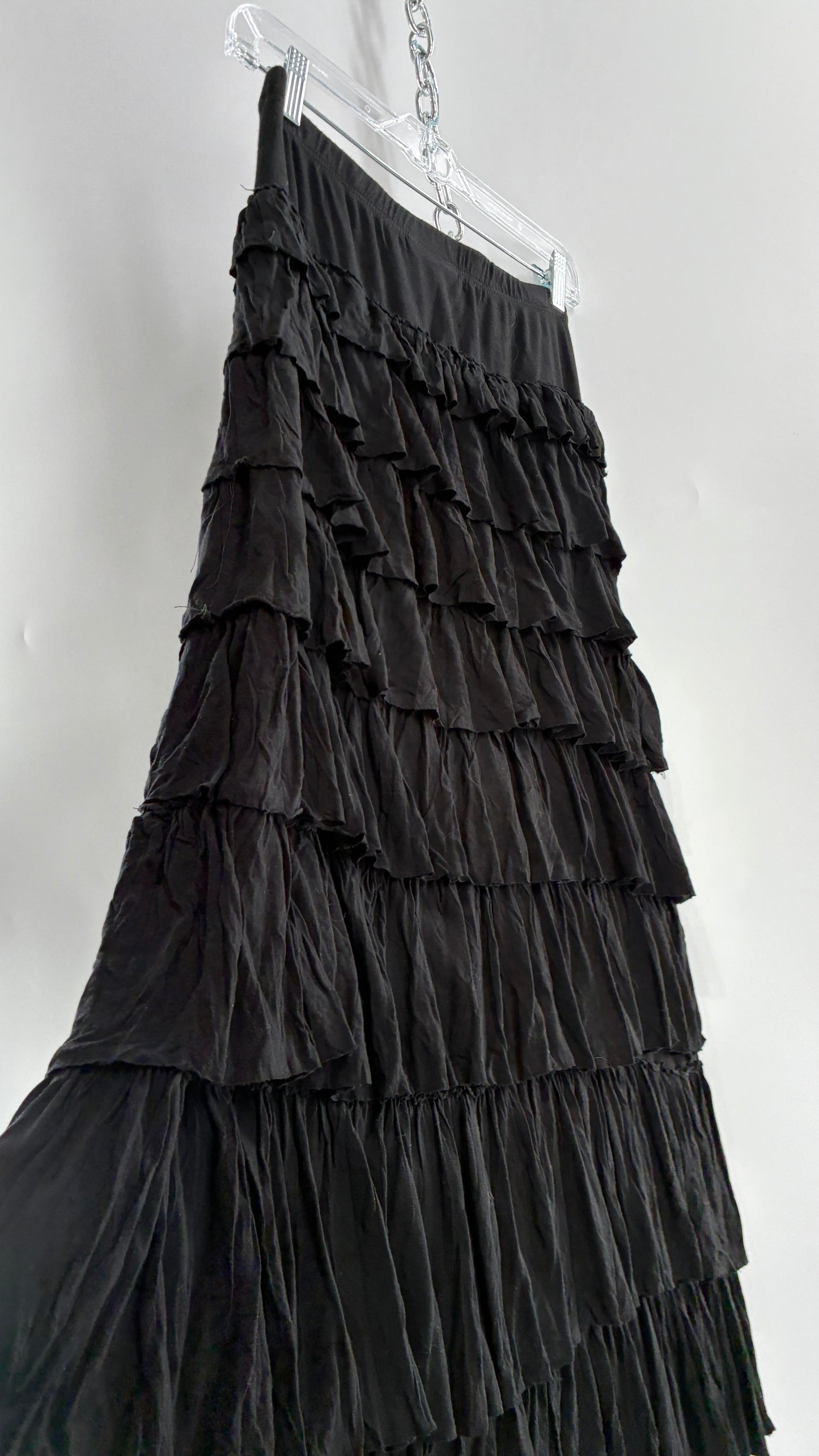 Vintage Black Ruffled 100% Viscose Ruffled Maxi Skirt (PSmall)