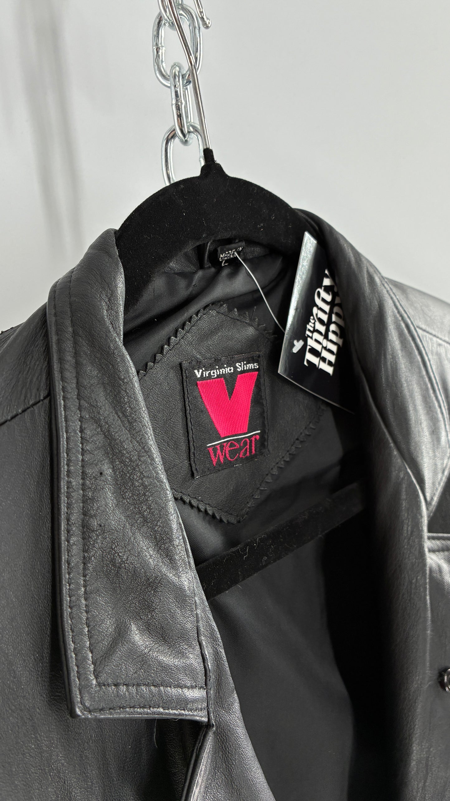 Vintage Virginia Slims Black Genuine Leather Military Jacket with Double Breasted Embossed Buttons (Large)