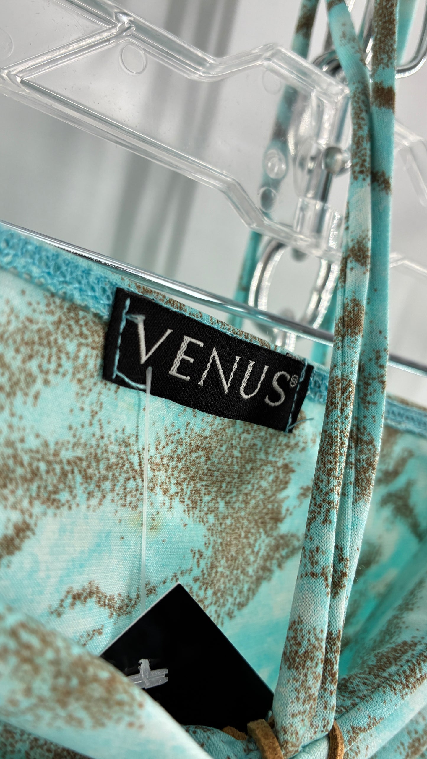 Vintage VENUS Turquoise Handkerchief Hem, Vented Tube Top with Stone Buckle and Choker Detail (M)